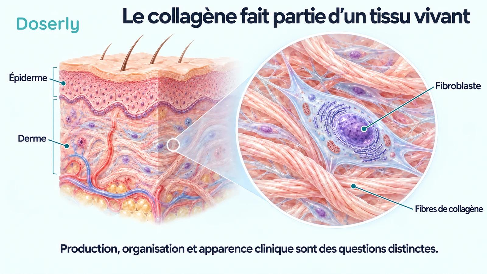 Une coupe de la peau et un fibroblaste agrandi entouré de fibres de collagène.