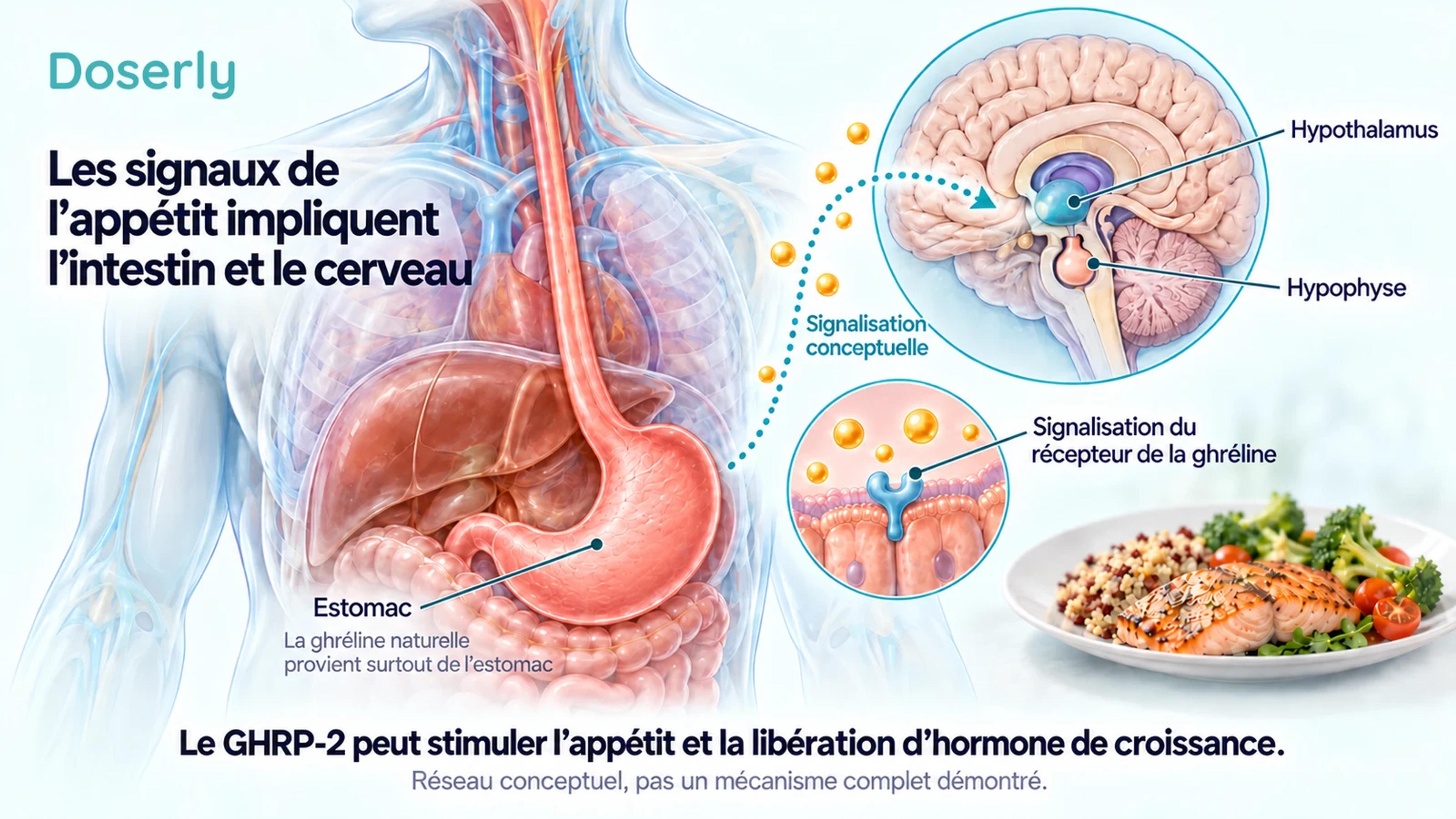 Un estomac et un encadré montrant le cerveau illustrent la participation du système digestif et du cerveau aux signaux de l’appétit.