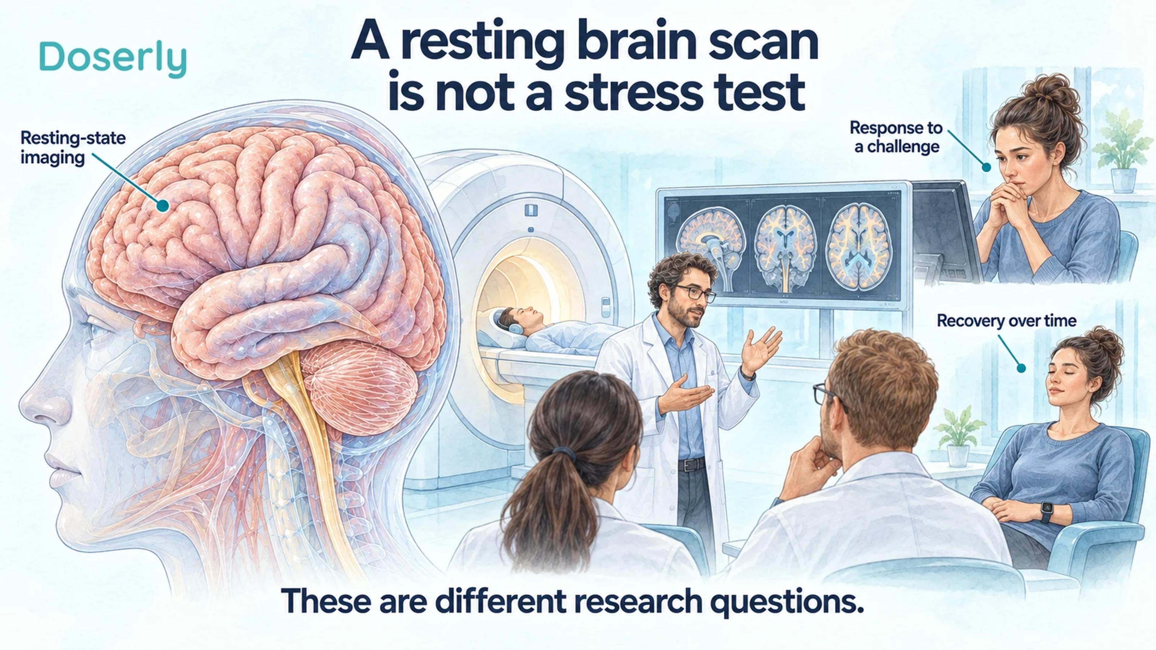 Resting-state brain imaging beside separate challenge and recovery scenes illustrates different research questions.