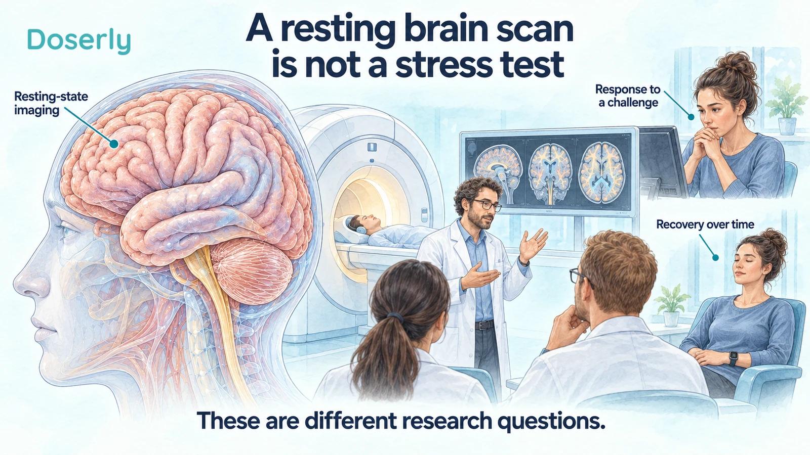 Resting-state brain imaging beside separate challenge and recovery scenes illustrates different research questions.