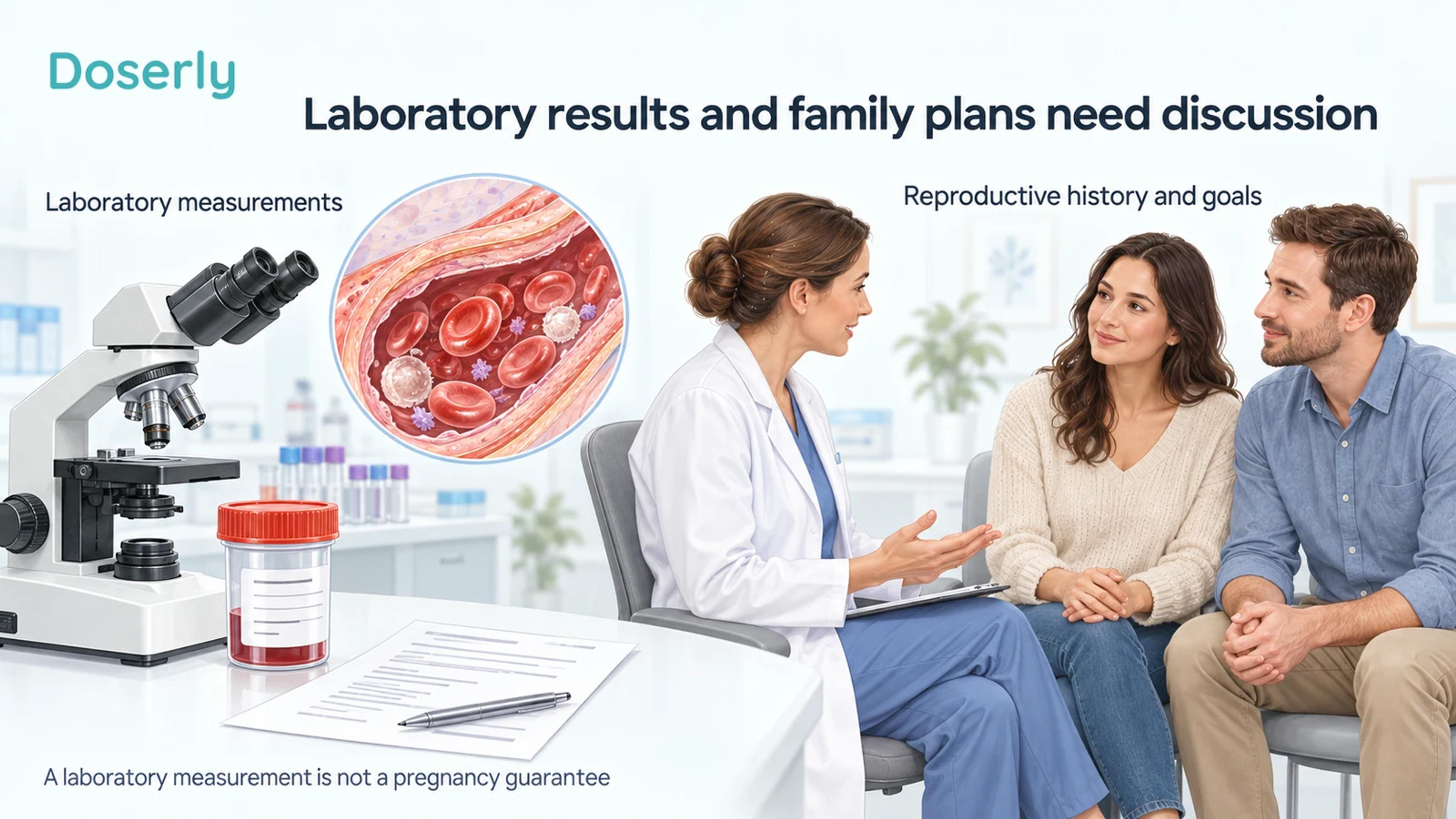 A microscope and closed sample container beside a blood-vessel inset and a clothed couple discussing reproductive goals with a clinician.