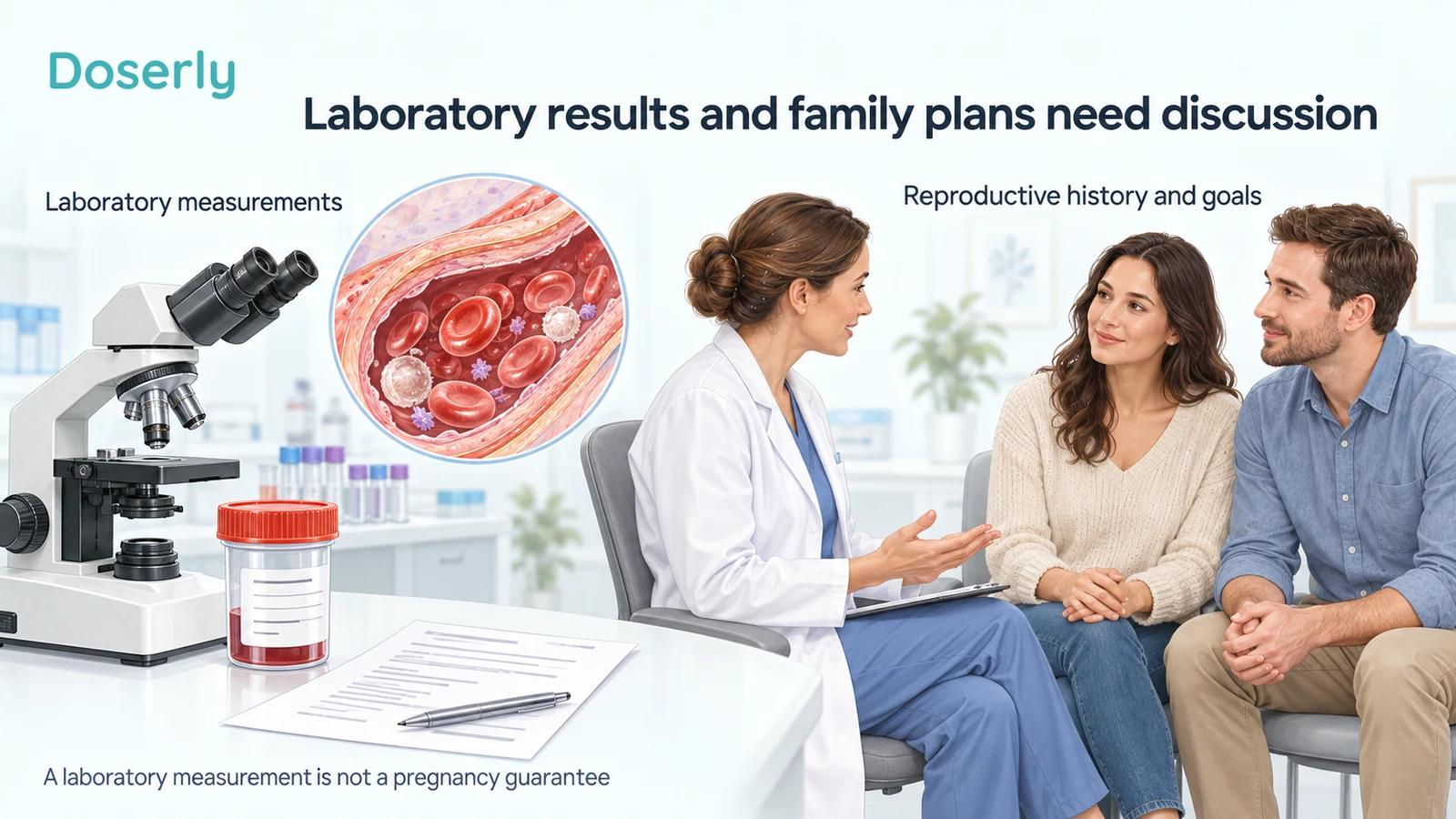 A microscope and closed sample container beside a blood-vessel inset and a clothed couple discussing reproductive goals with a clinician.
