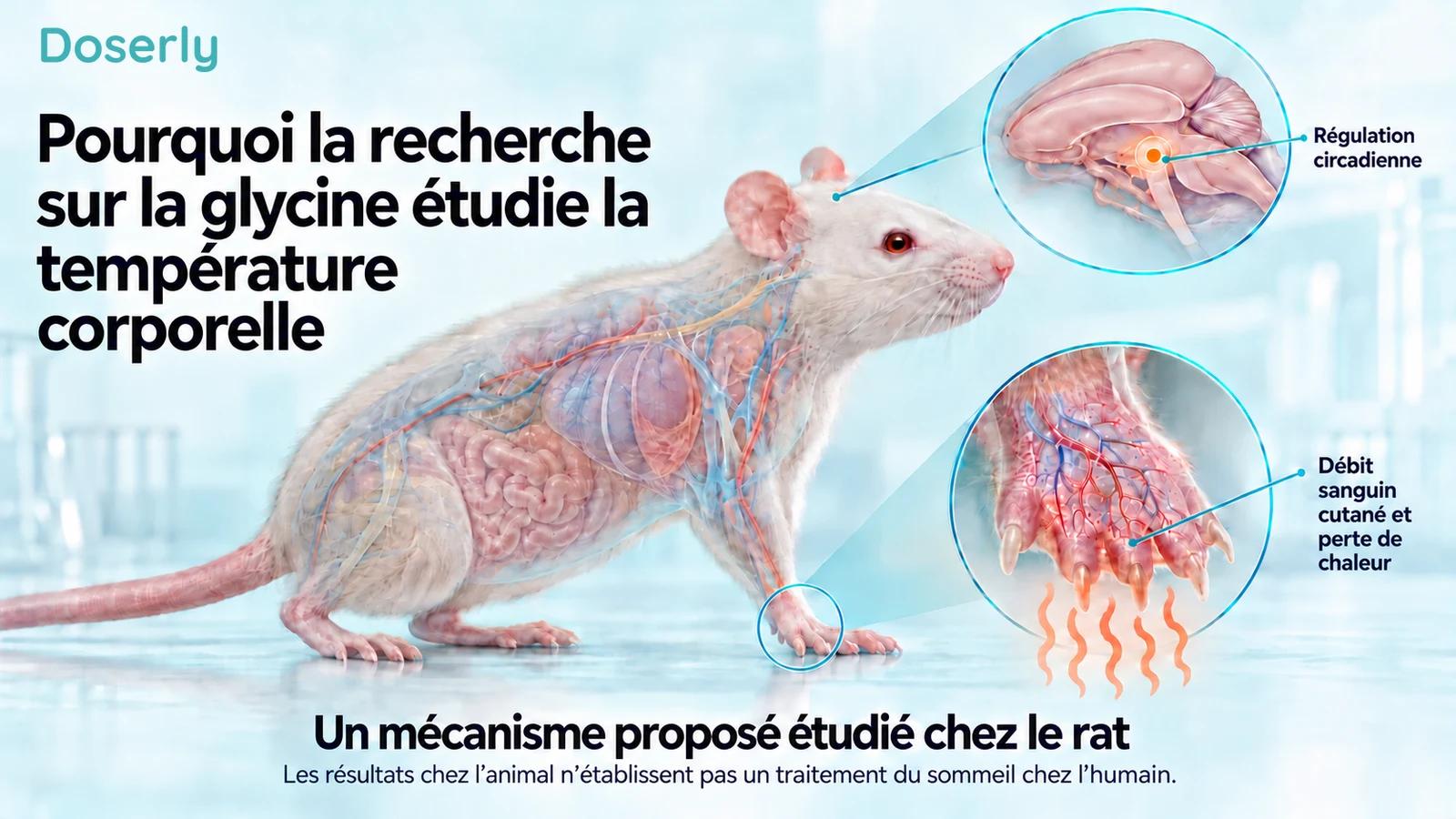Un rat translucide, avec un encadré montrant un cerveau de rongeur lisse et la microcirculation d’une patte, illustre la voie proposée de régulation de la température.