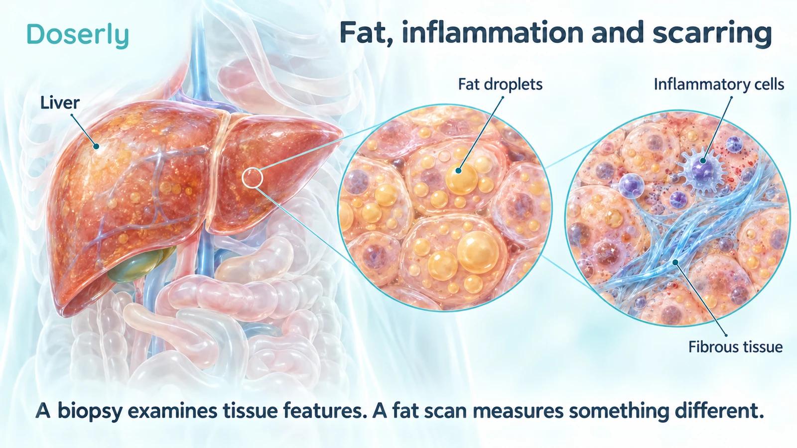 Translucent liver with enlarged conceptual tissue showing fat droplets, inflammatory cells and fibrous strands.