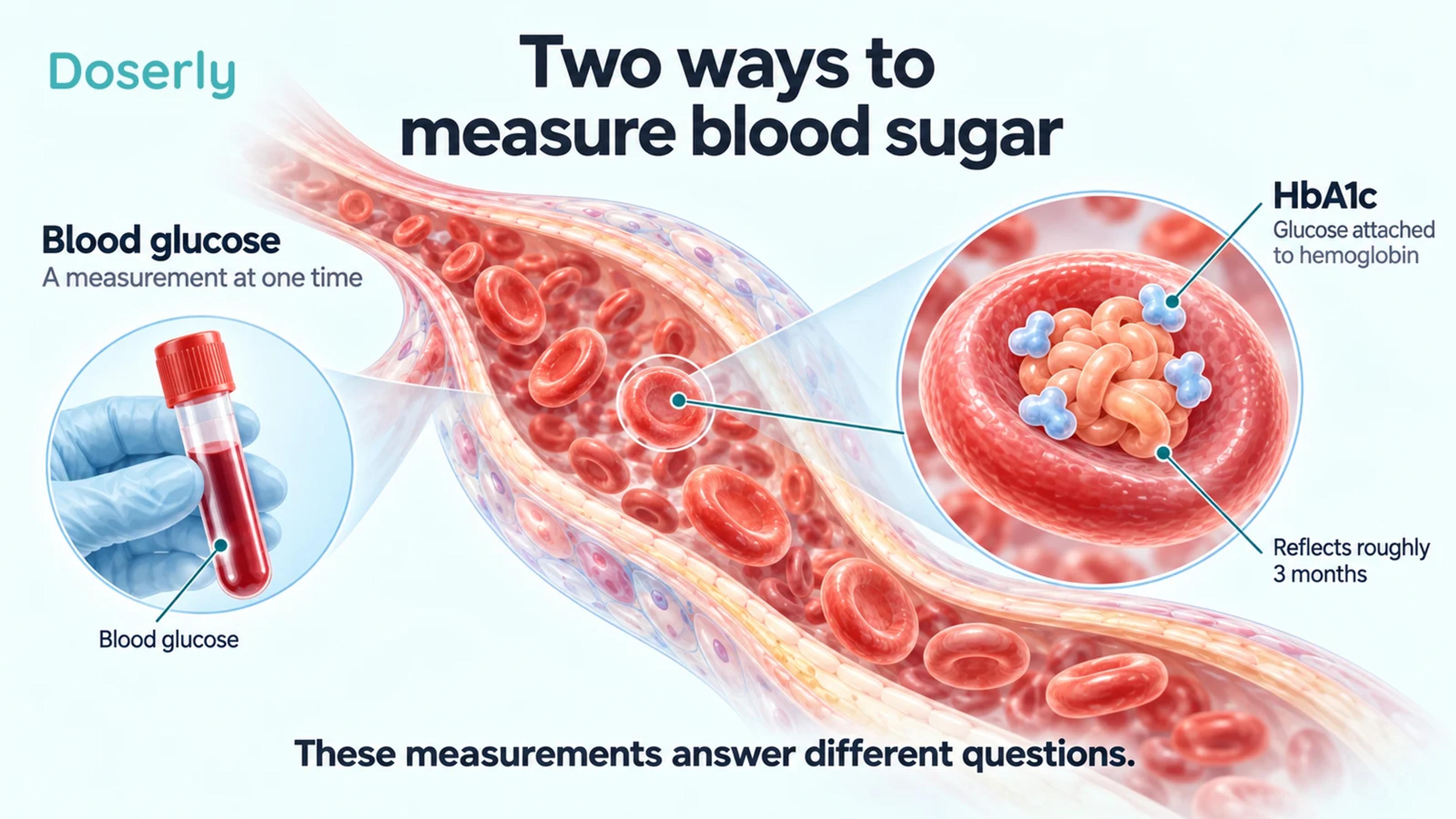A detailed blood vessel and red-cell inset distinguish a single blood glucose measurement from HbA1c.