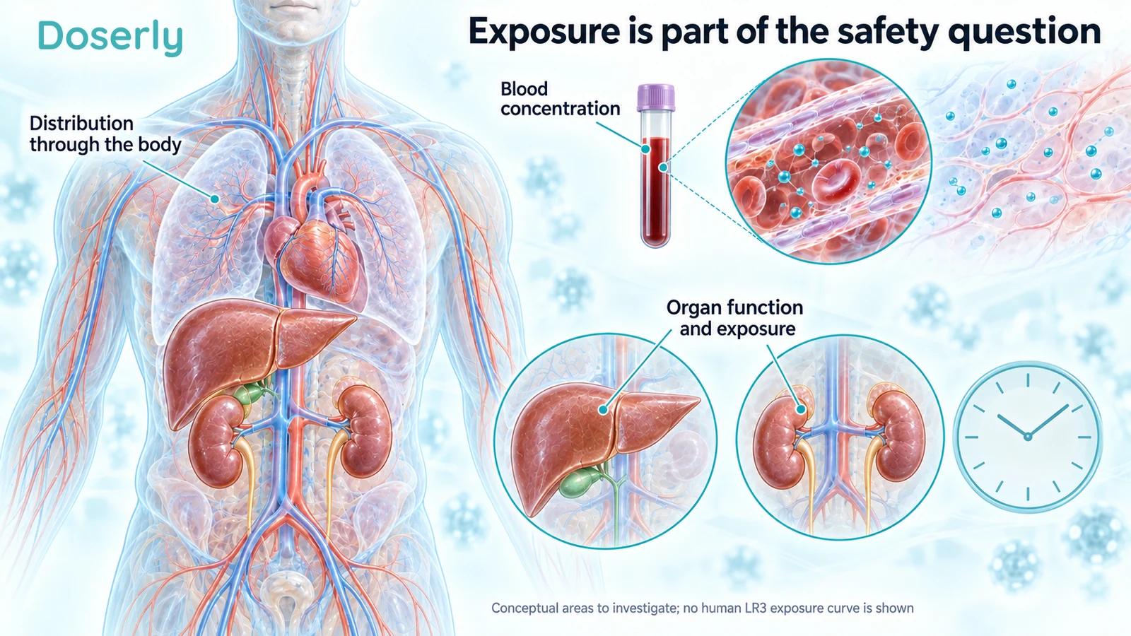 Conceptual human circulation, liver and kidneys beside a blood sample and an unnumbered clock.