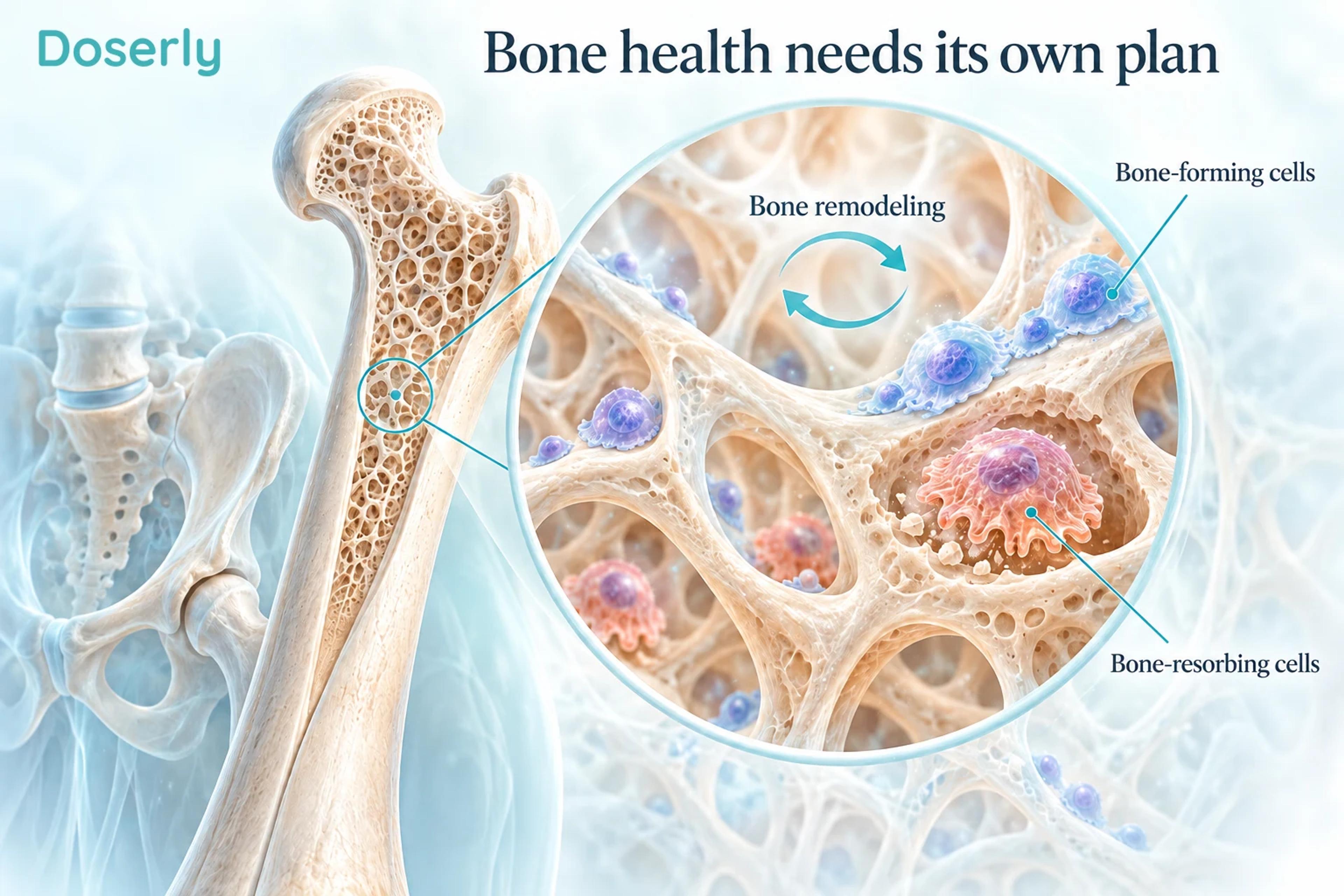 Femur and vertebrae with an enlarged view of bone-forming and bone-resorbing cells.