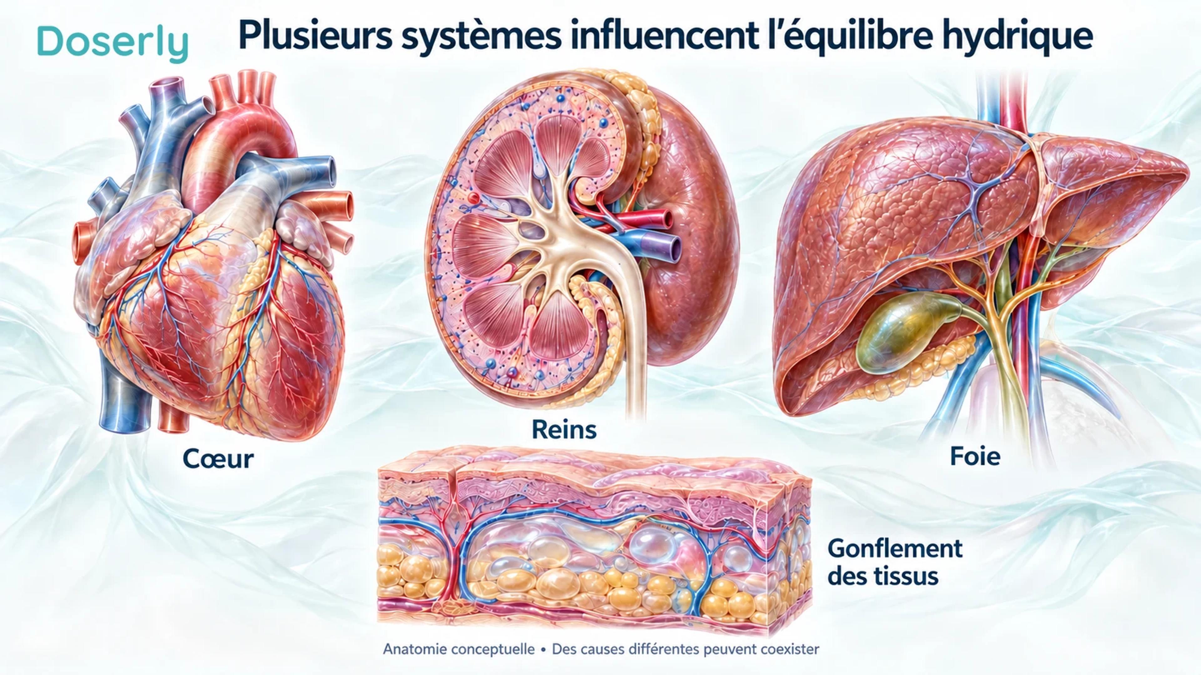 Des modèles pédagogiques distincts du cœur, des reins et du foie accompagnent un encadré agrandi de la peau et des tissus.
