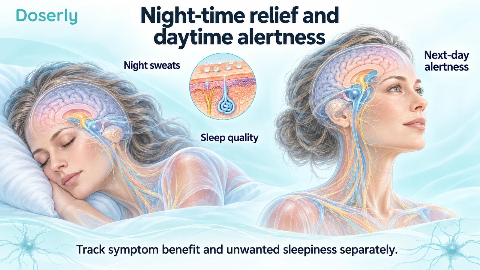 Illustrated woman sleeping and awake beside a sweat-gland inset, distinguishing night sweats, sleep quality, and next-day alertness.