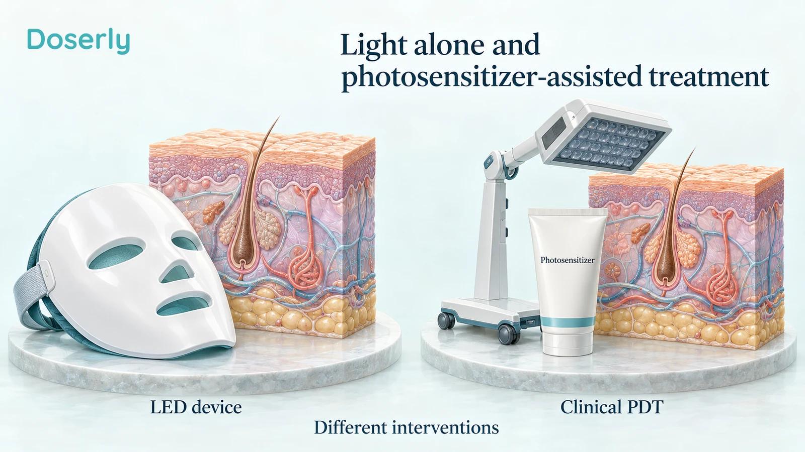 An unlit home LED mask and a clinical lamp beside a photosensitizer tube illustrate two different treatment categories.