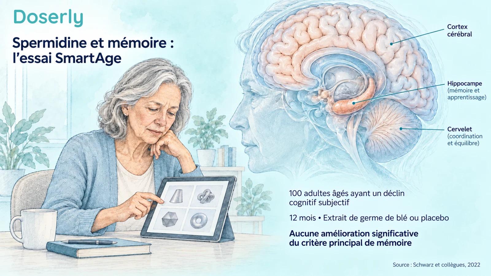 Personne âgée effectuant une tâche conceptuelle de mémoire, à côté de l’anatomie du cerveau et du résultat principal de l’essai SmartAge.
