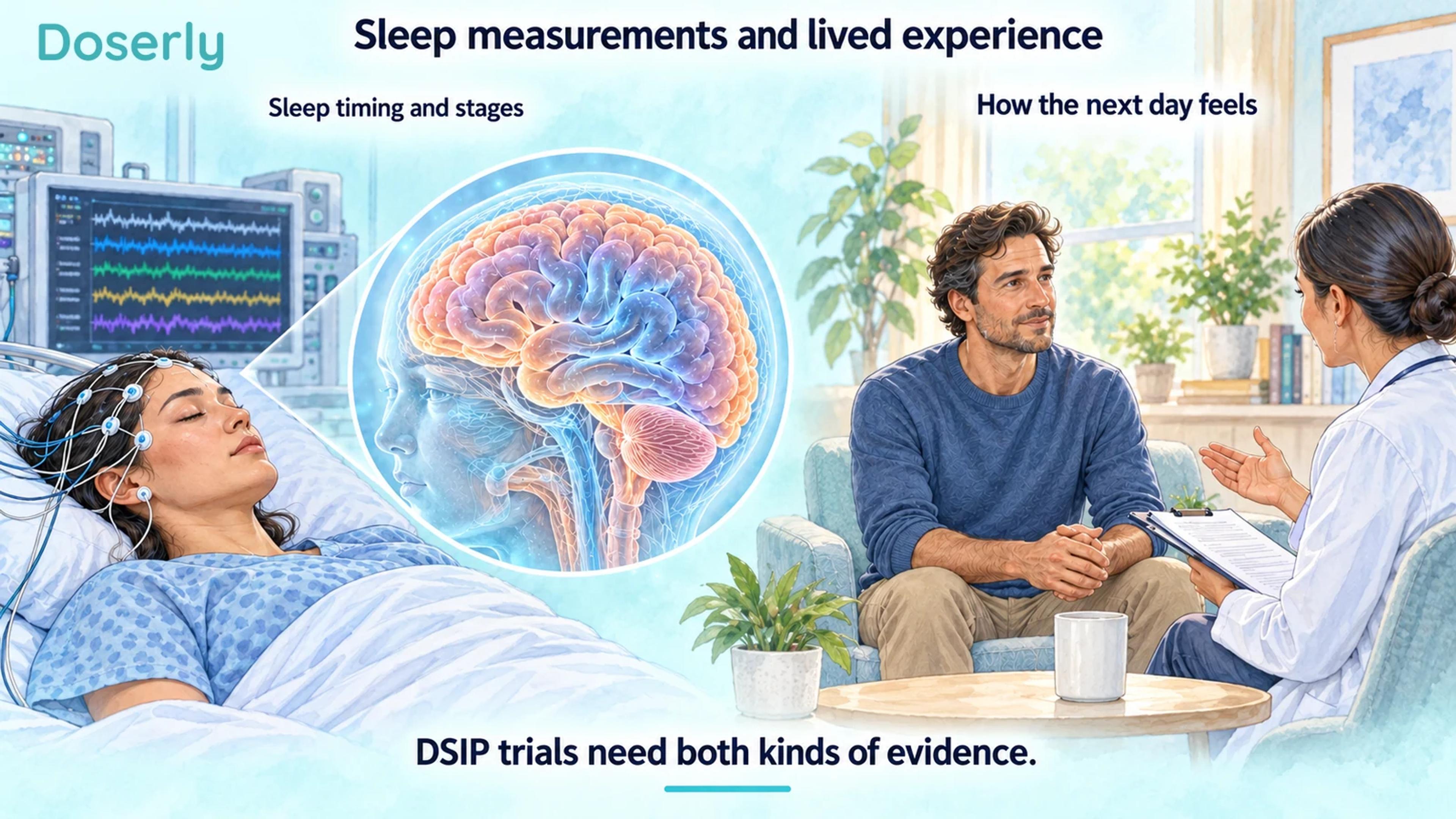 A sleep-laboratory scene with a brain illustration beside a separate patient and clinician discussing daytime experience.
