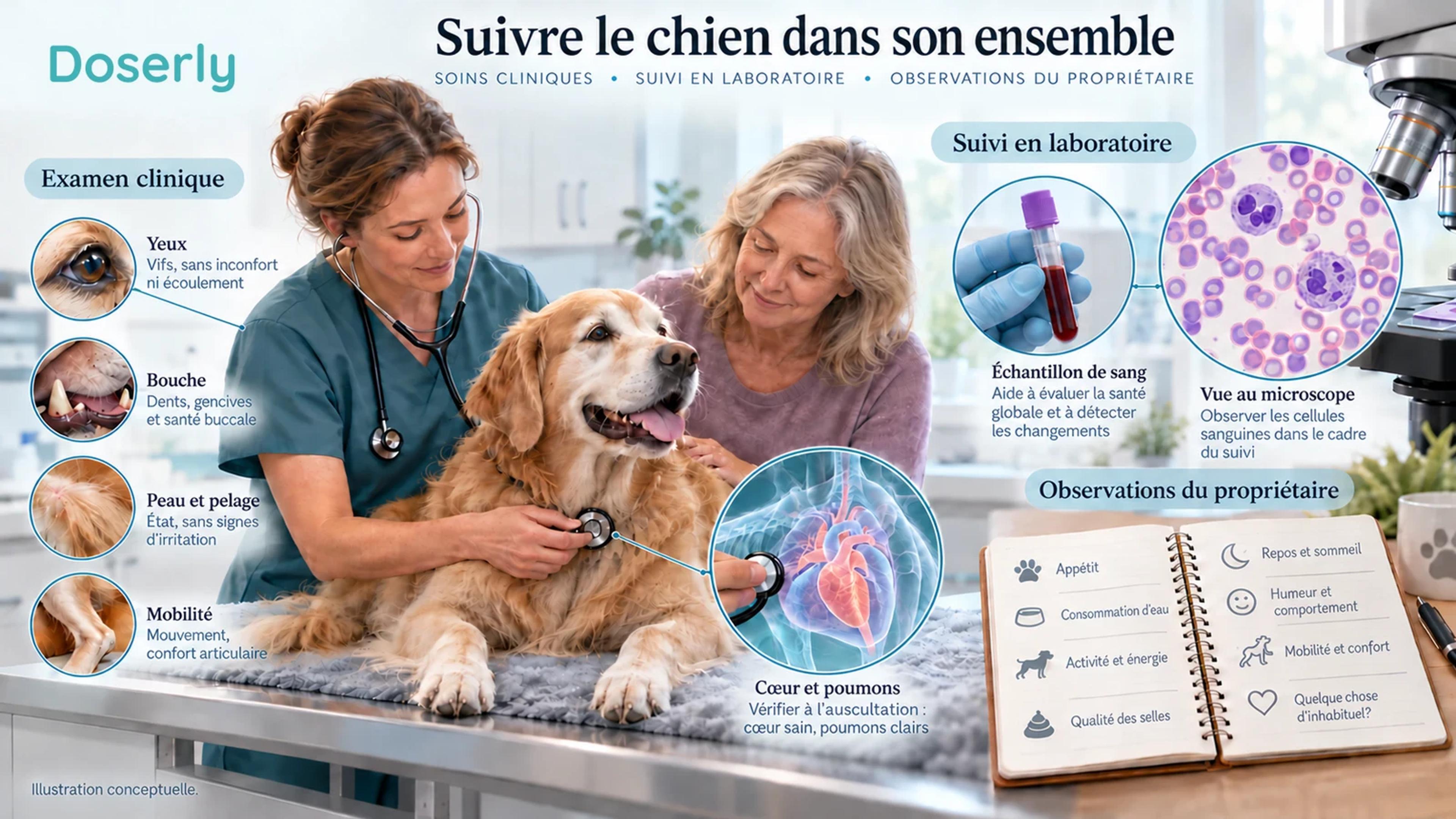 Scène détaillée de recherche vétérinaire avec un chien âgé, un examen clinique, un échantillon de sang et un carnet d’observations du propriétaire