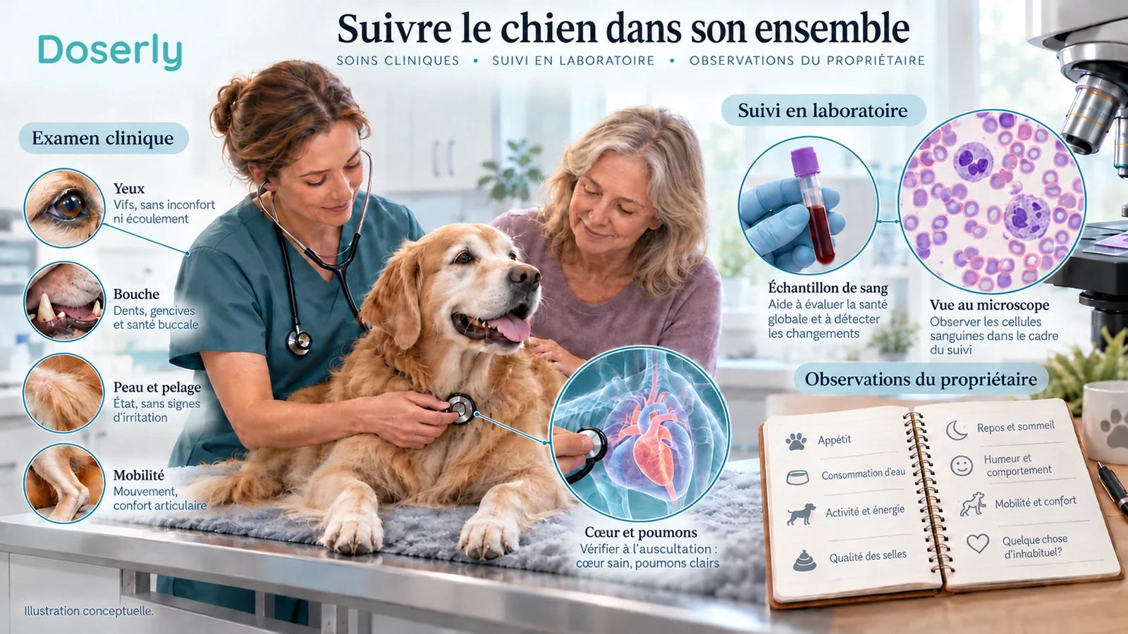 Scène détaillée de recherche vétérinaire avec un chien âgé, un examen clinique, un échantillon de sang et un carnet d’observations du propriétaire