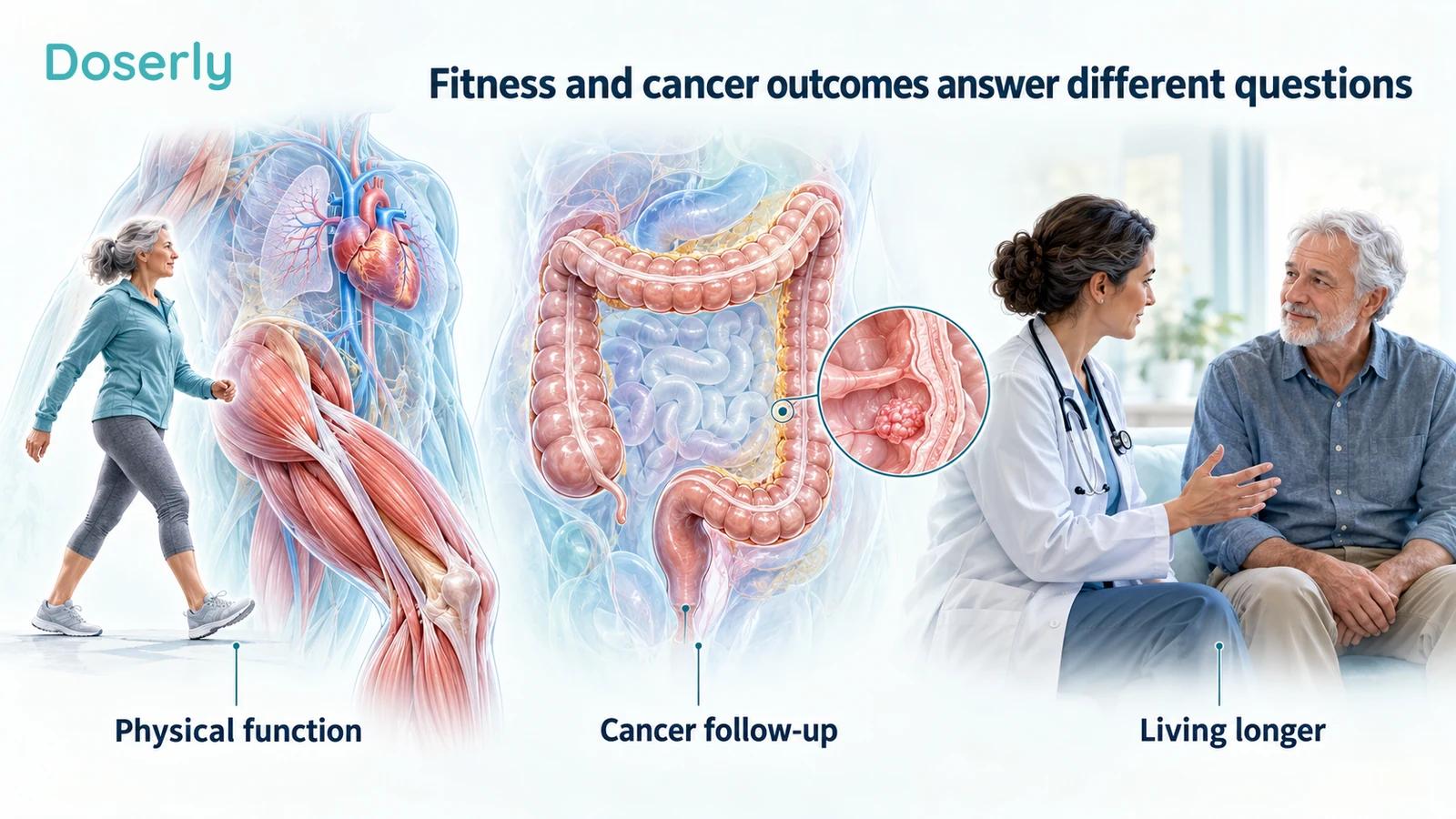 Separate conceptual scenes show physical function, cancer follow-up and the broader outcome of living longer.