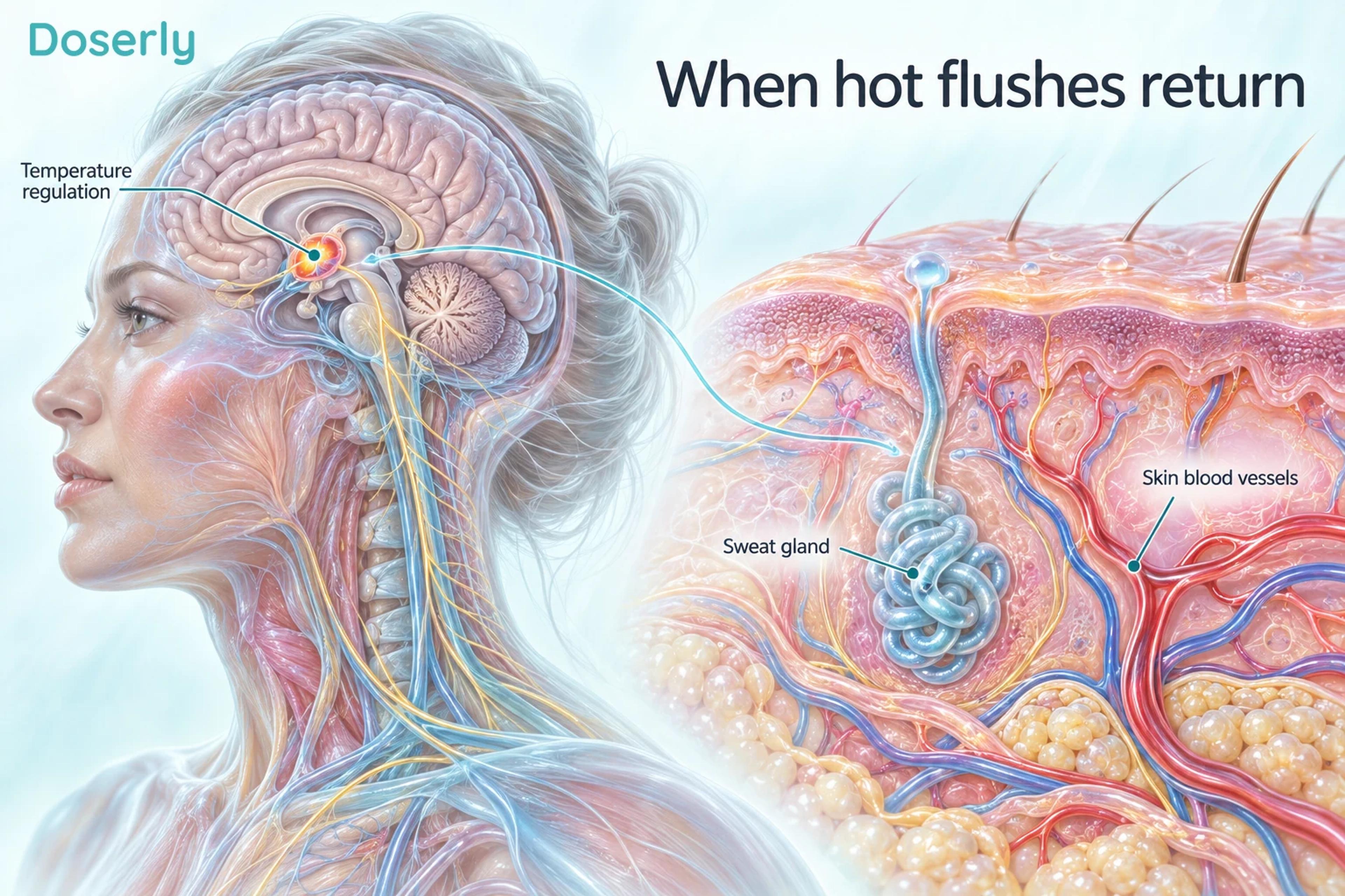 Illustrated brain temperature-regulation region linked schematically to skin blood vessels and a sweat gland.