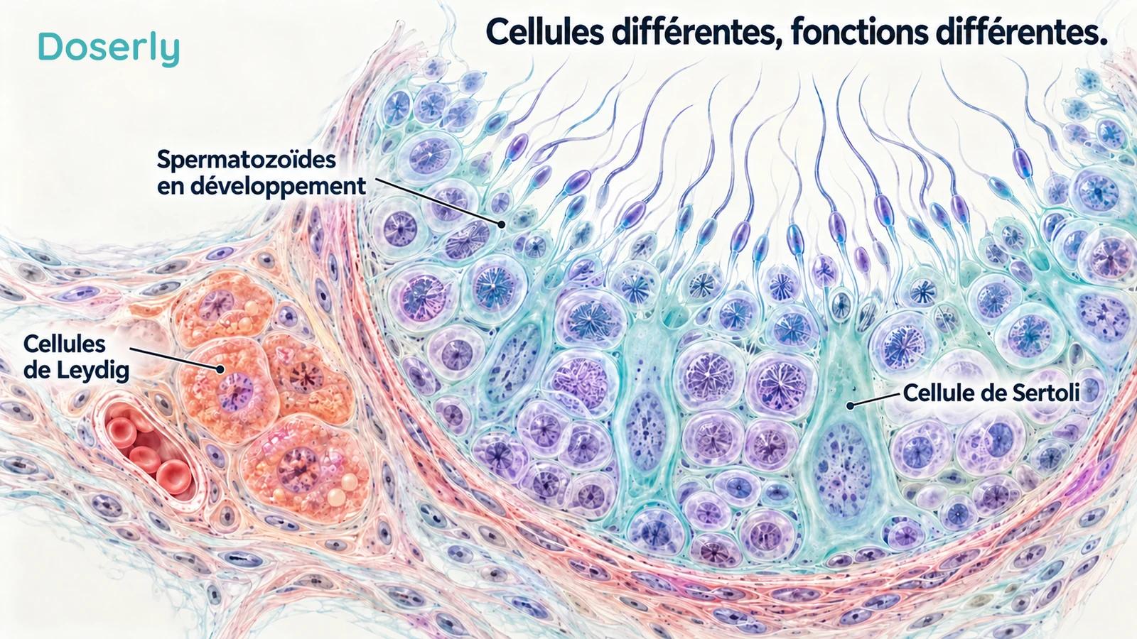 Une coupe conceptuelle d’un tube séminifère distingue le tissu où se forment les spermatozoïdes des cellules de Leydig qui produisent la testostérone à l’extérieur du tube.