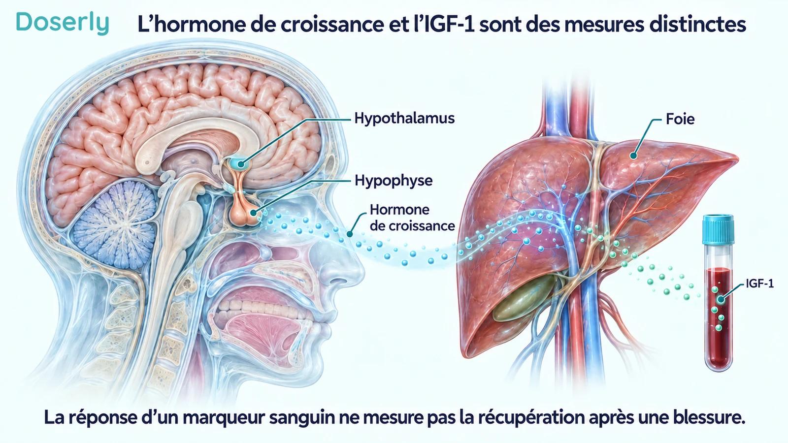 Anatomie du cerveau, de l’hypophyse et du foie présentant l’hormone de croissance et l’IGF-1 comme des mesures distinctes.