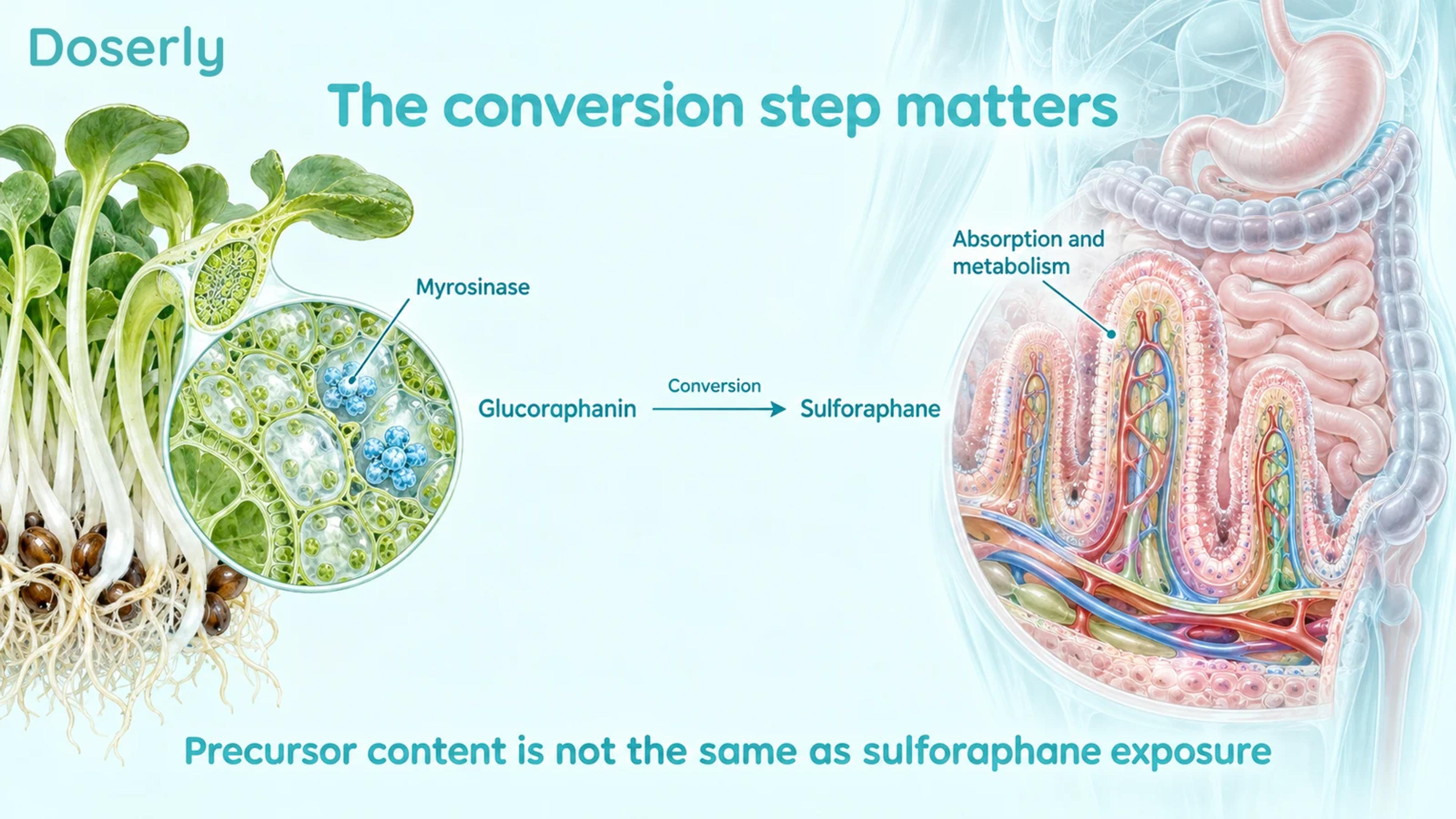 Broccoli sprout tissue, a conceptual myrosinase enzyme and intestinal villi illustrate conversion of glucoraphanin to sulforaphane before absorption and metabolism.
