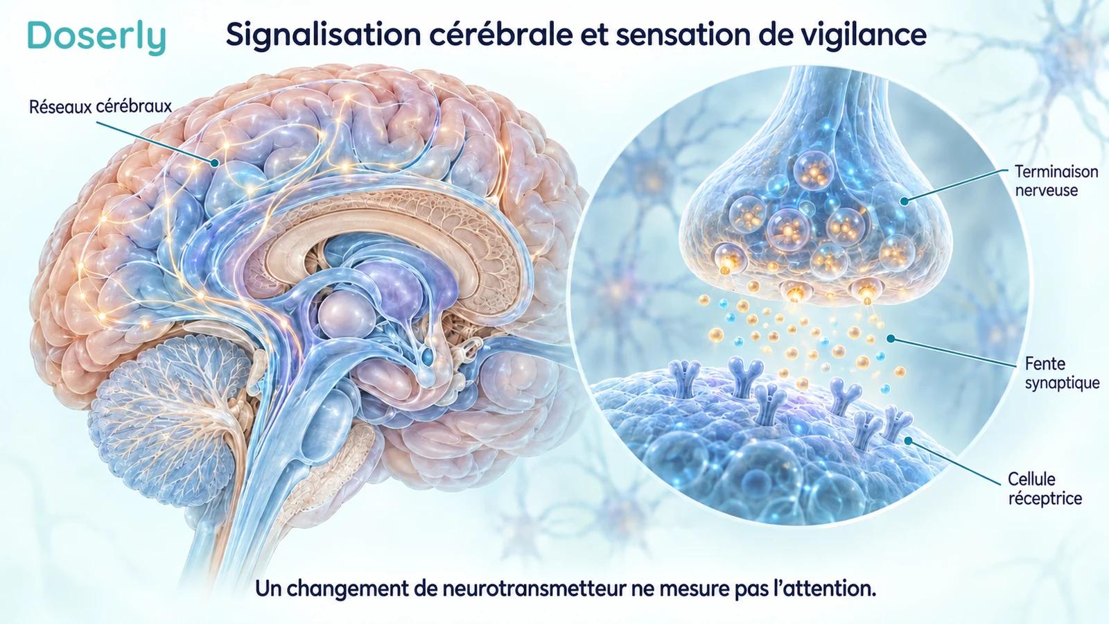 Une coupe détaillée du cerveau et une jonction nerveuse agrandie expliquent la communication entre les cellules sans représenter l’effet d’un médicament.