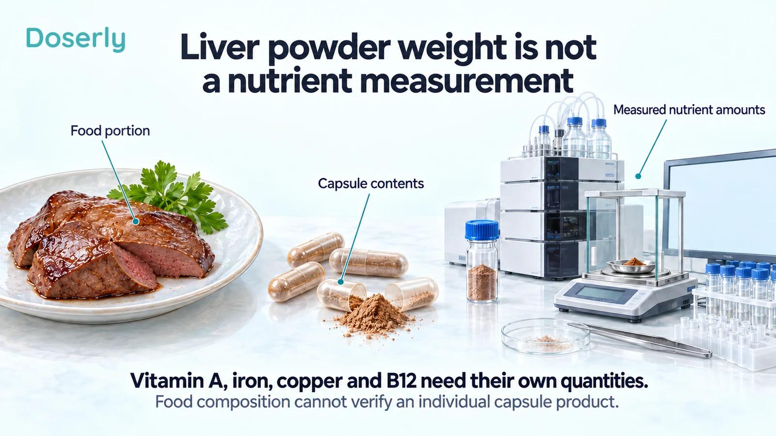 Cooked liver, capsules and powder beside laboratory measurement equipment with no displayed test result.