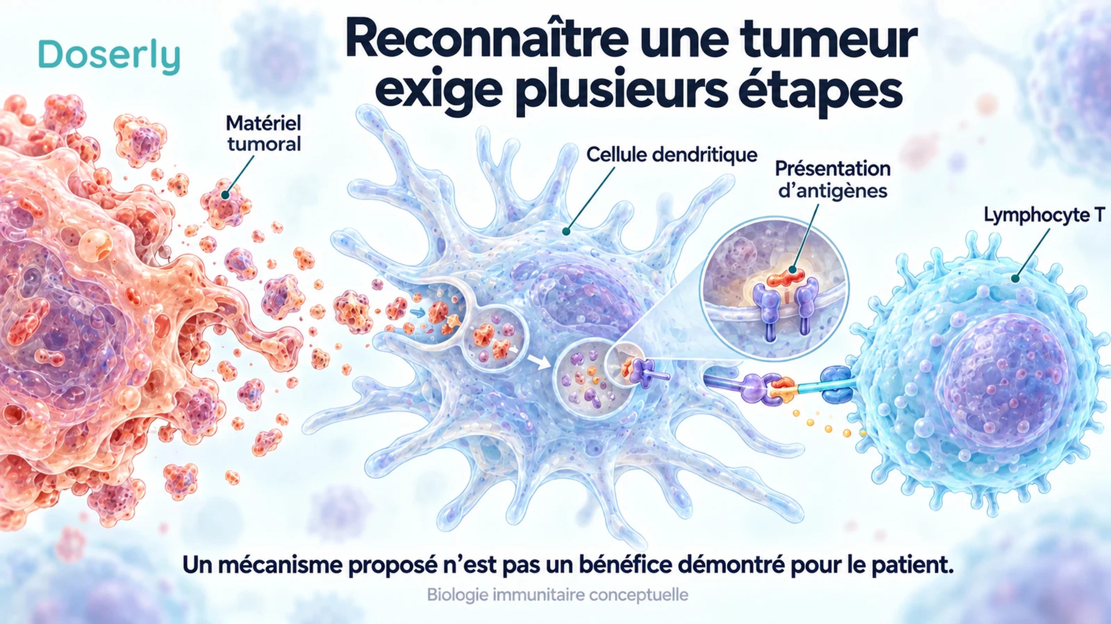 Une cellule tumorale, une cellule dendritique ramifiée et un lymphocyte T illustrent la captation et la présentation de matériel tumoral.