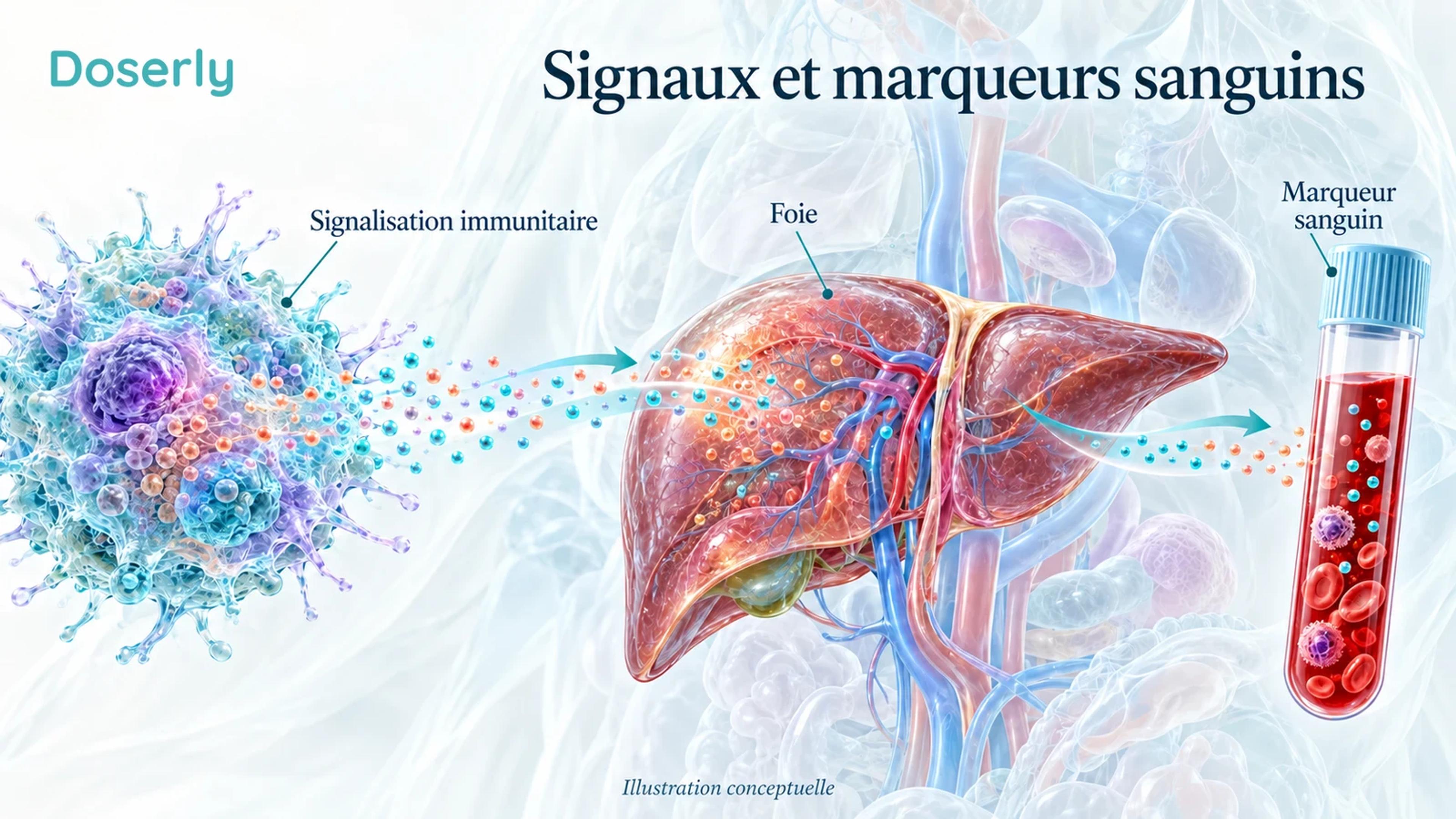 Une cellule immunitaire, un foie et un échantillon sanguin illustrent la distinction entre la signalisation inflammatoire et un marqueur sanguin.