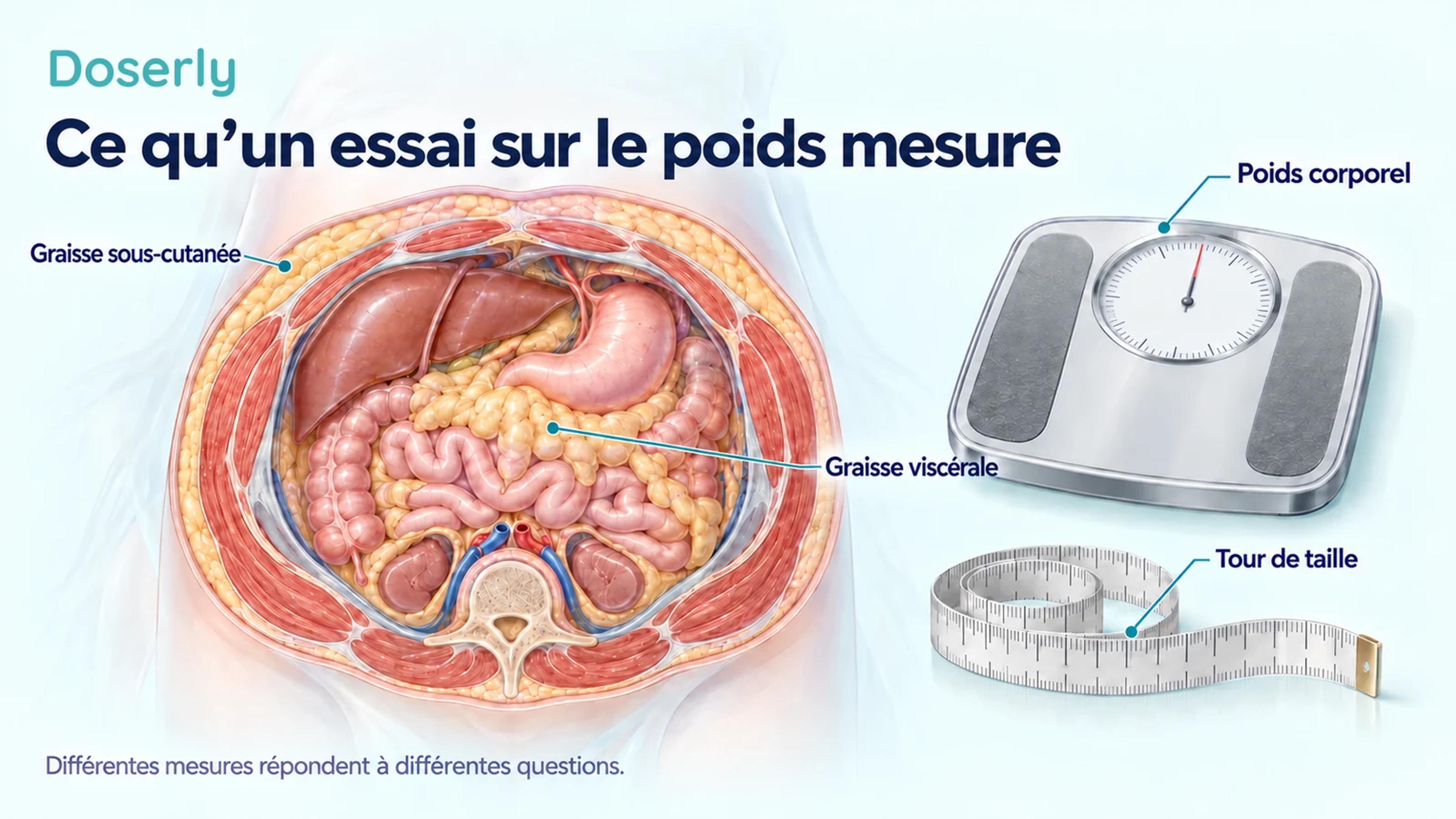 Illustration médicale des compartiments de graisse abdominale à côté d’une balance et d’un ruban à mesurer, distinguant le poids corporel, le tour de taille, la graisse viscérale et la graisse sous-cutanée.