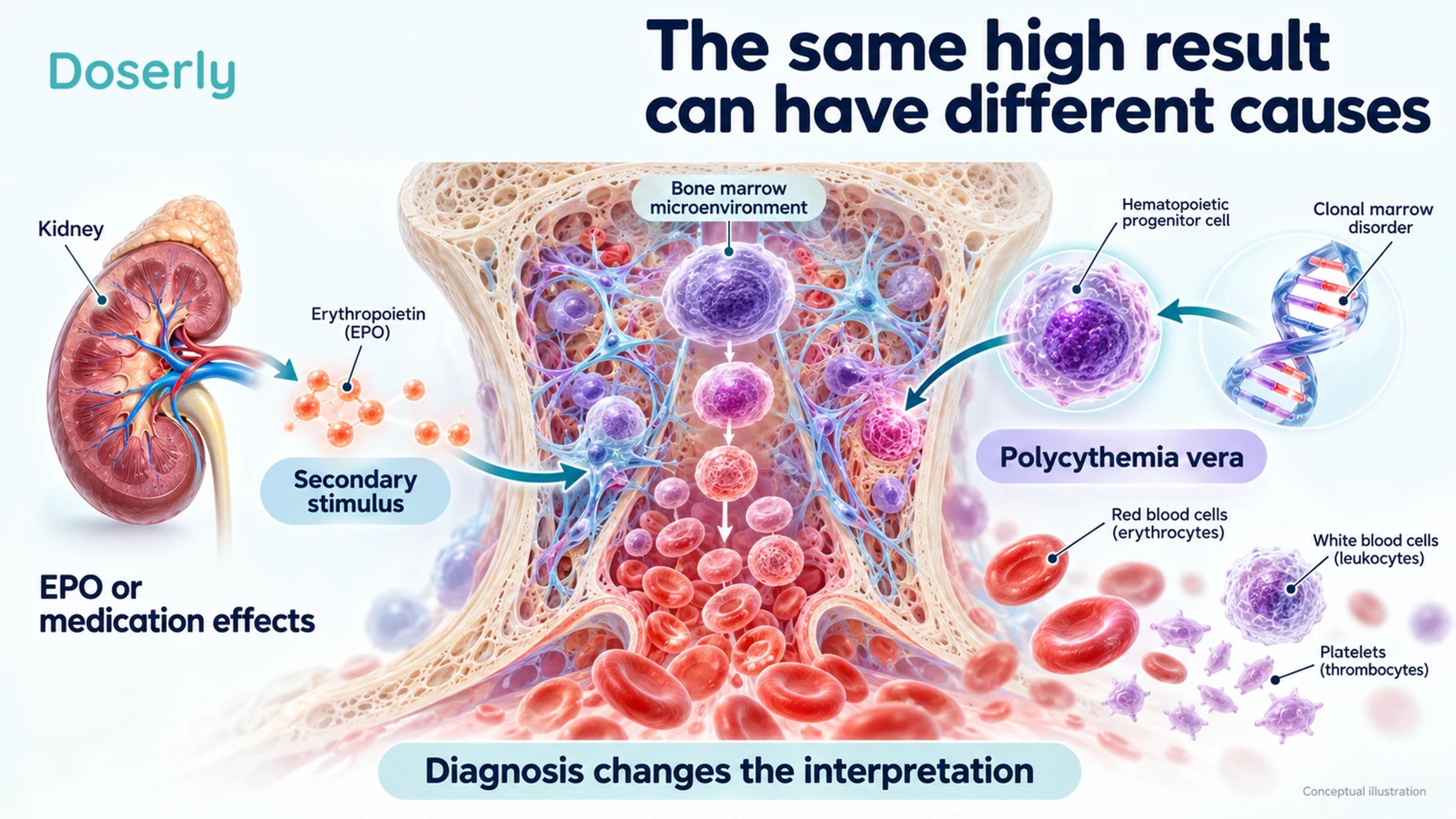 Kidney signaling and a clonal marrow process illustrate different pathways that can produce an elevated red-cell result.