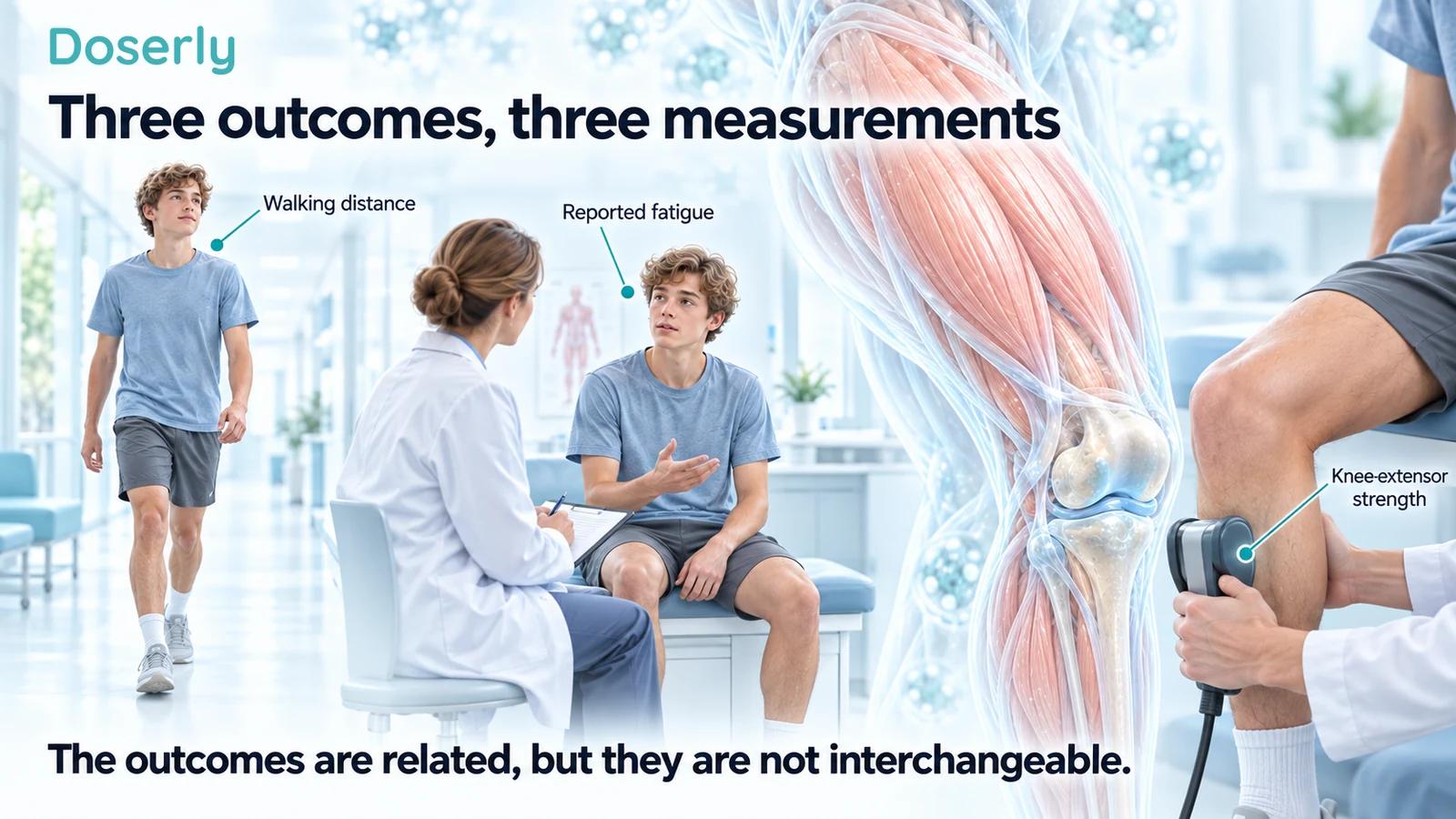 Illustrated clinical assessments of walking distance, reported fatigue and knee-extensor strength.
