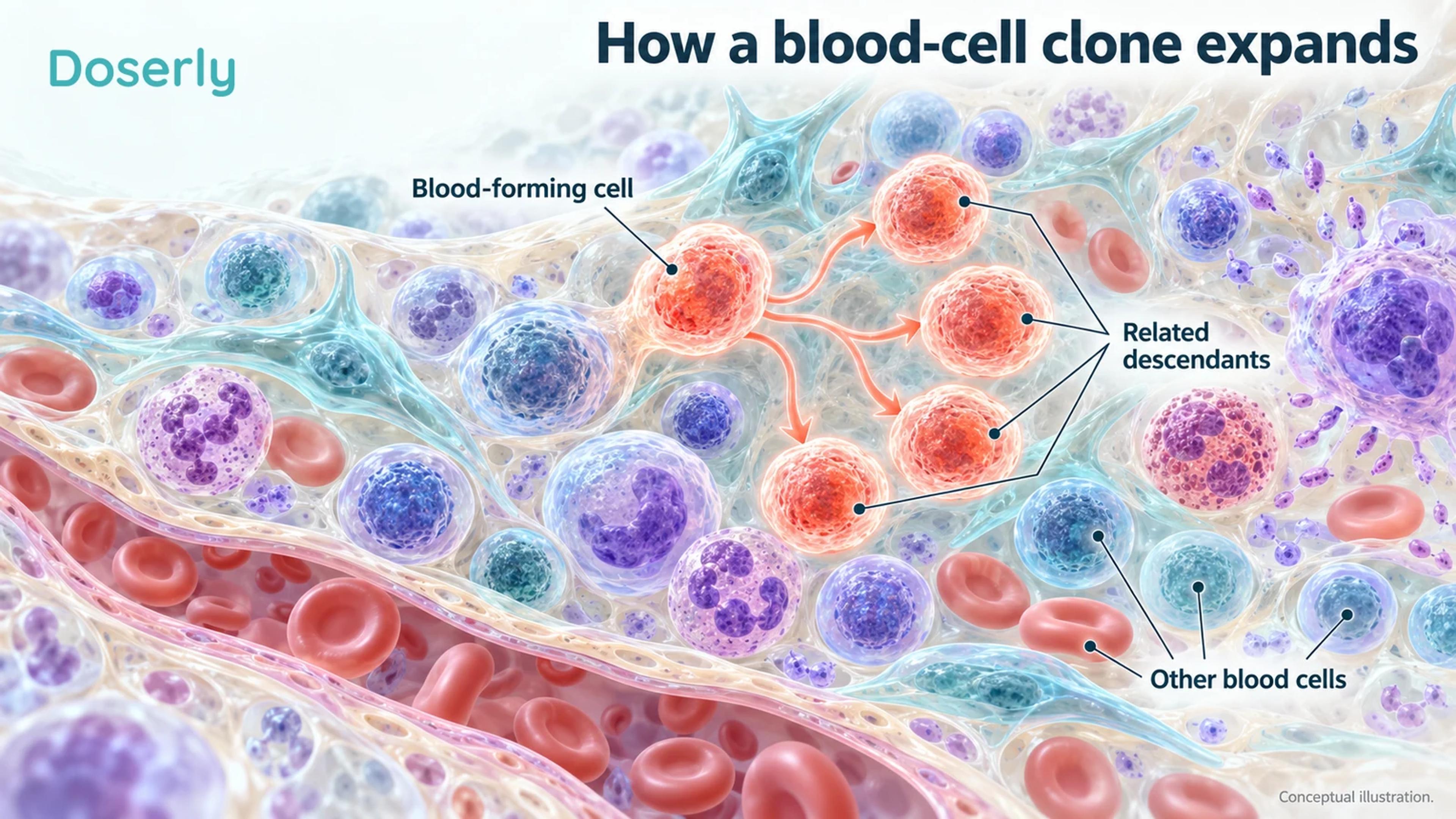 Blood-forming cells and a highlighted group of related descendants illustrate clonal expansion.
