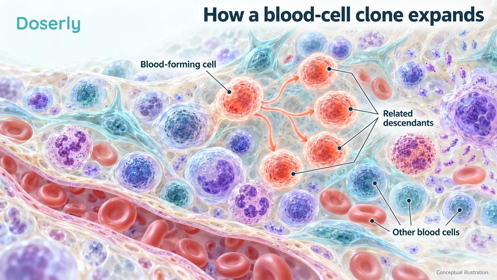 Blood-forming cells and a highlighted group of related descendants illustrate clonal expansion.