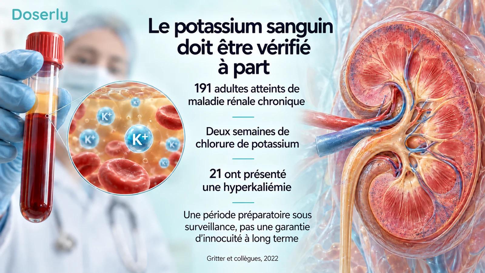 Échantillon sanguin et rein illustrant l’étude du potassium sous surveillance chez 191 adultes atteints de maladie rénale chronique.