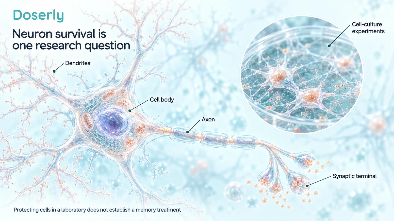 Detailed neuron with labeled dendrites, cell body, axon and synaptic terminal beside a cultured-neuron inset