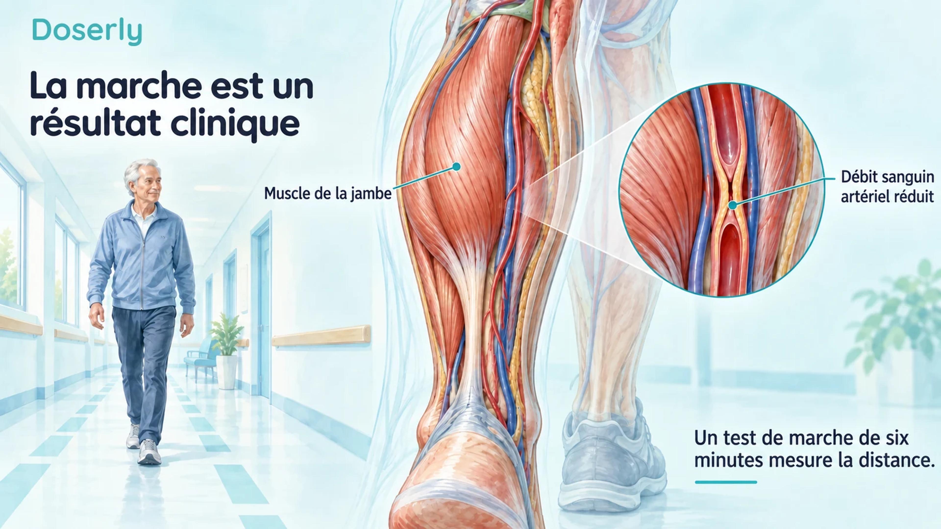Illustration d’une personne âgée qui marche à côté d’un muscle de la jambe et d’une vue en coupe d’une artère rétrécie.
