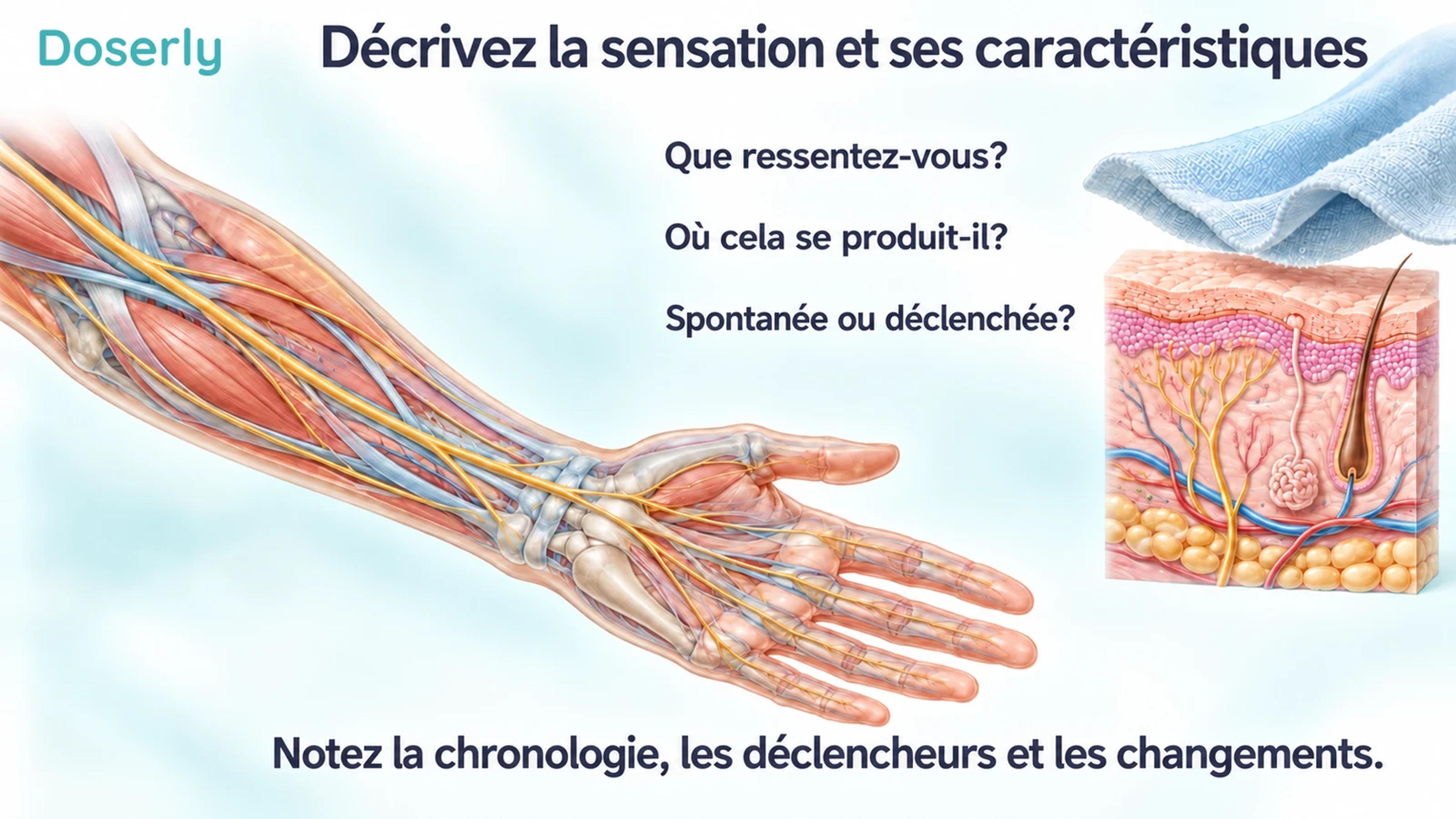 Avant-bras et main translucides à côté d’un échantillon de peau distinct et de questions sur les caractéristiques des symptômes
