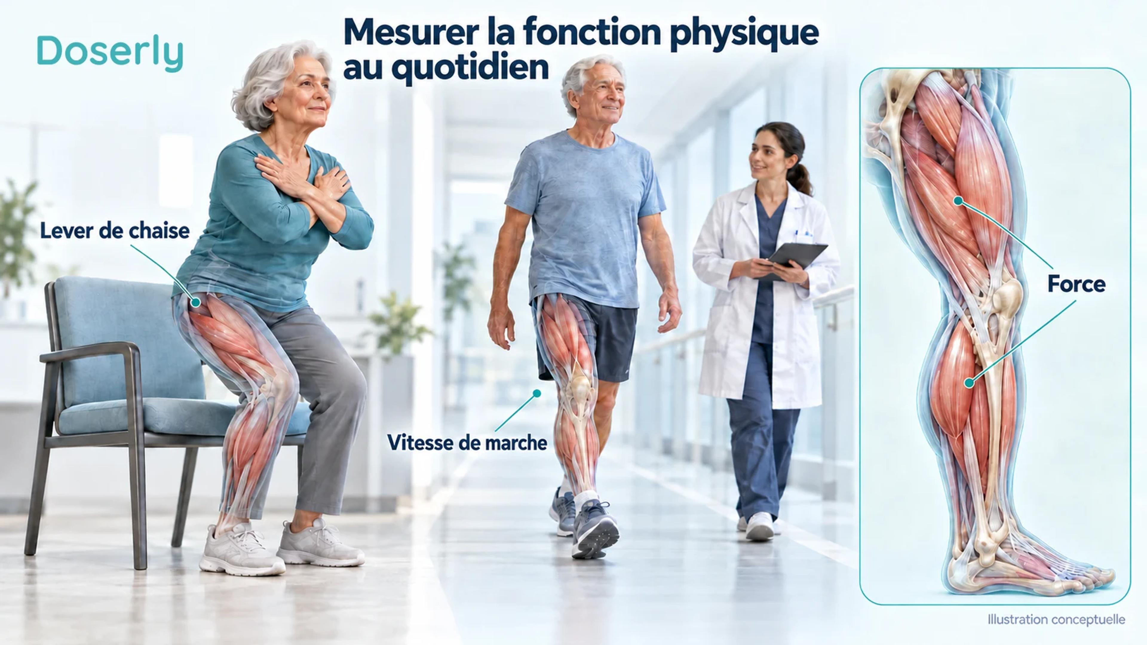 Adultes âgés effectuant une évaluation supervisée du lever de chaise et de la marche, avec un encadré anatomique détaillé des muscles de la jambe.