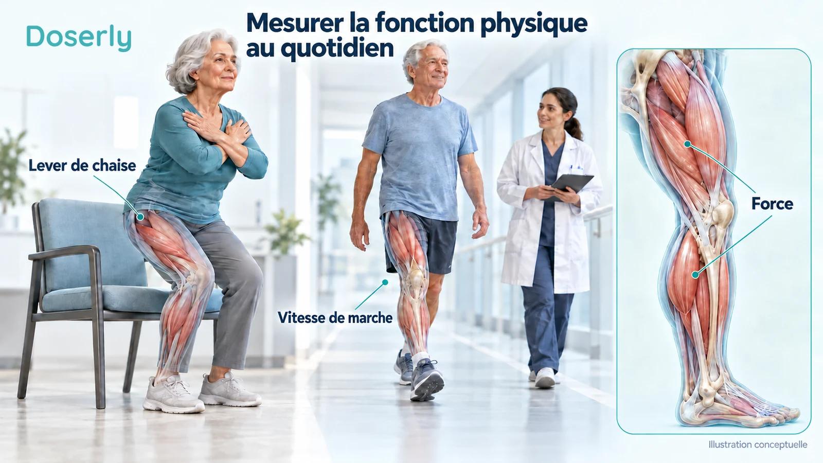 Adultes âgés effectuant une évaluation supervisée du lever de chaise et de la marche, avec un encadré anatomique détaillé des muscles de la jambe.