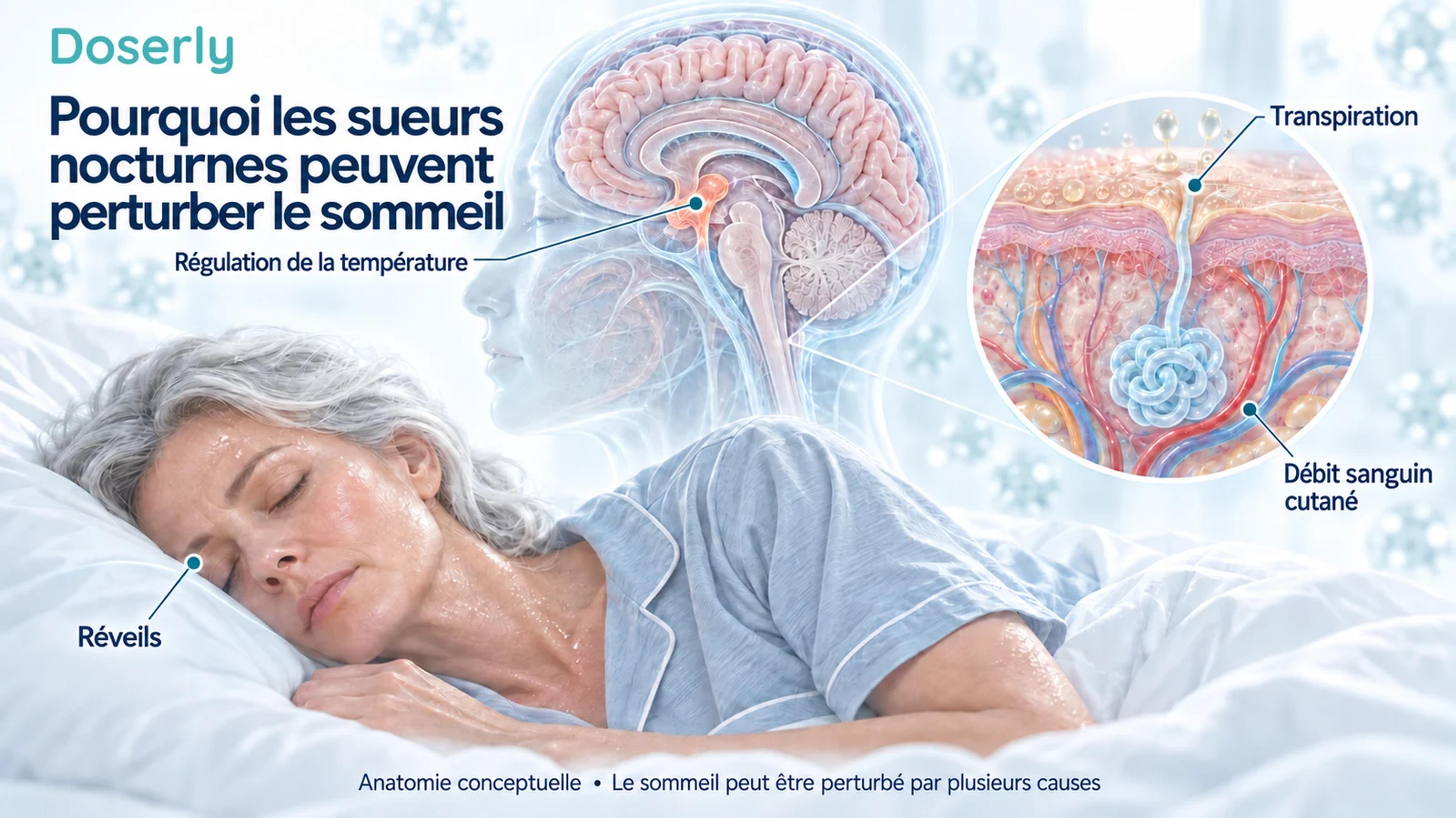 Une femme endormie à côté de coupes conceptuelles du cerveau et de la peau montrant la régulation de la température, la transpiration et les vaisseaux sanguins cutanés.