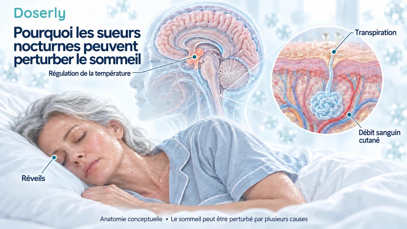 Une femme endormie à côté de coupes conceptuelles du cerveau et de la peau montrant la régulation de la température, la transpiration et les vaisseaux sanguins cutanés.
