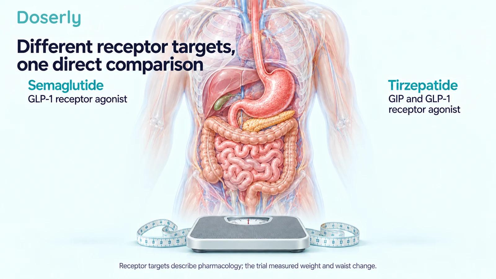Neutral digestive anatomy and a scale accompany the different receptor targets of semaglutide and tirzepatide.