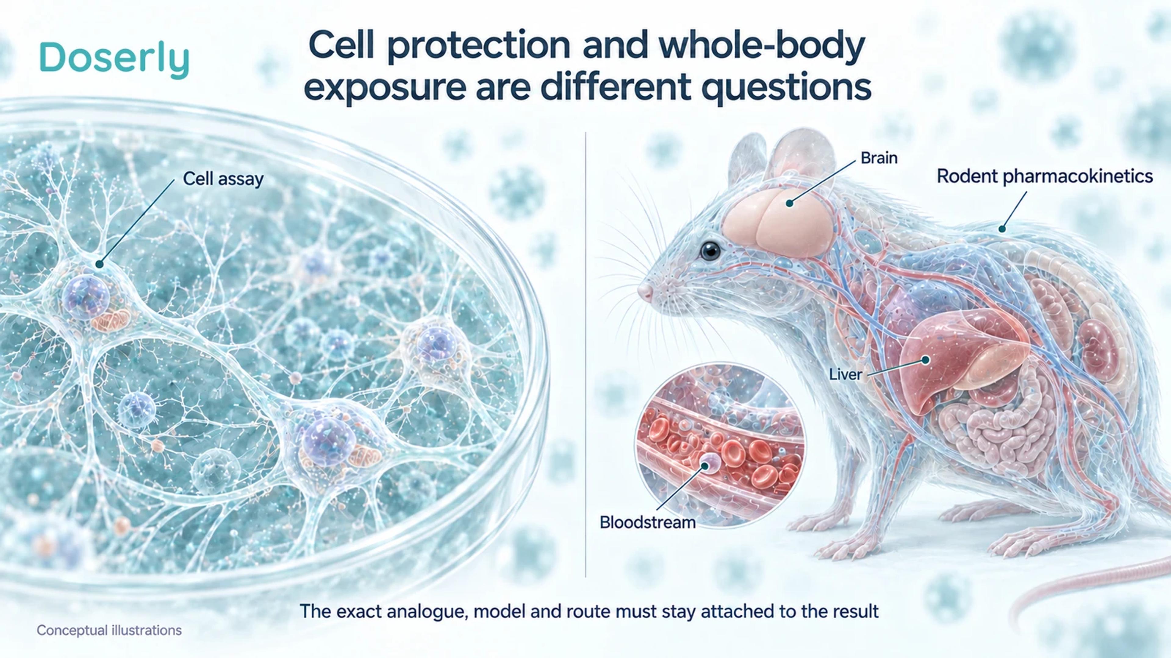 A neuronal cell culture and a translucent mouse illustrate separate cell-activity and whole-body exposure experiments.