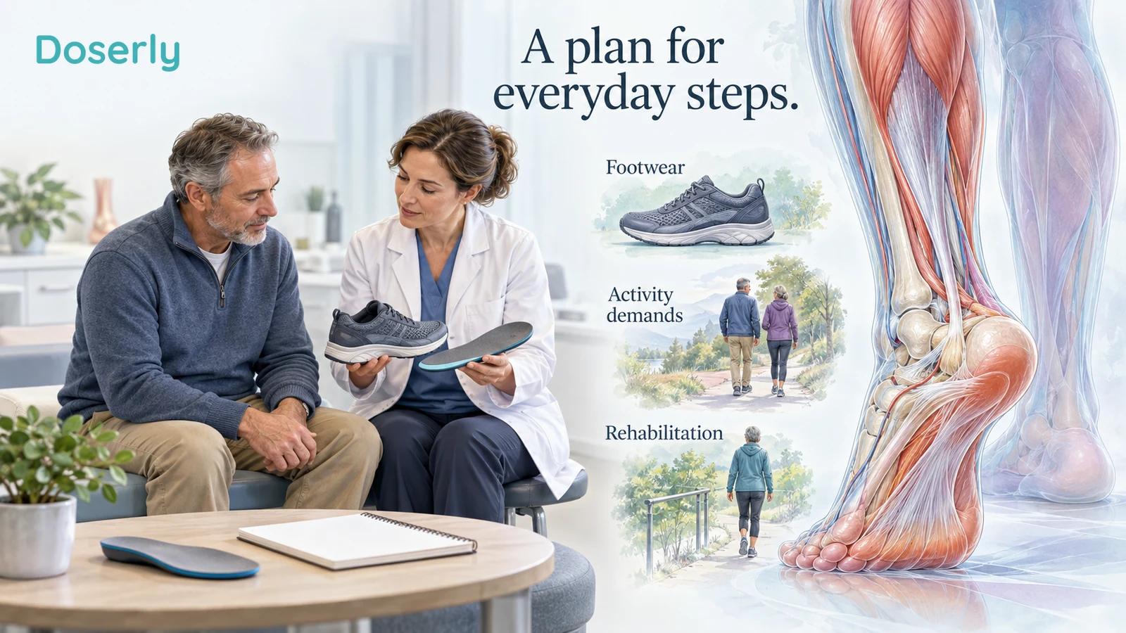 A podiatry consultation with a shoe, removable insert and a foot-and-calf anatomy vignette representing a combined heel-pain plan.