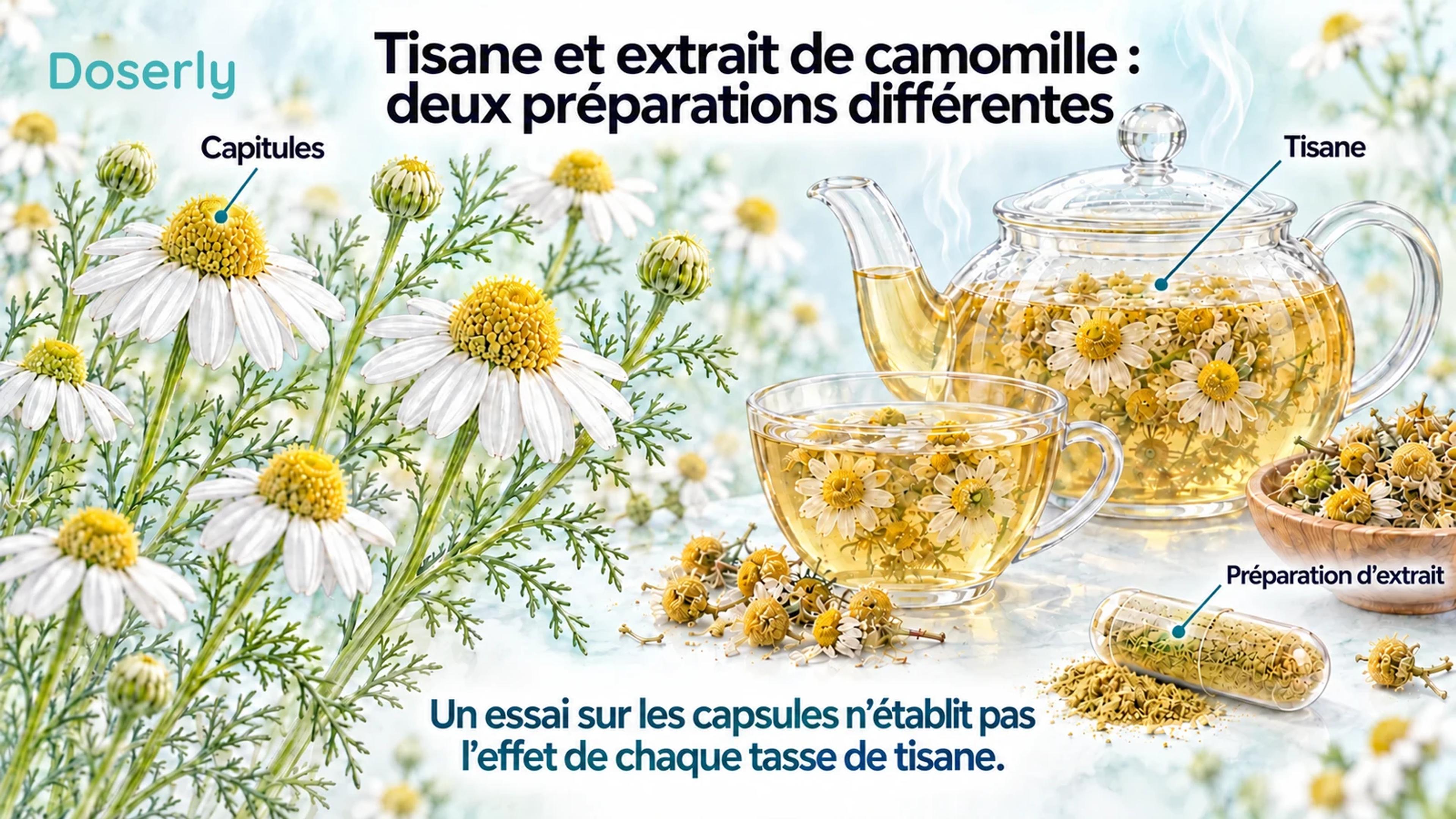 Des capitules de camomille allemande au feuillage fin et plumeux accompagnent une tisane et une capsule d’extrait.