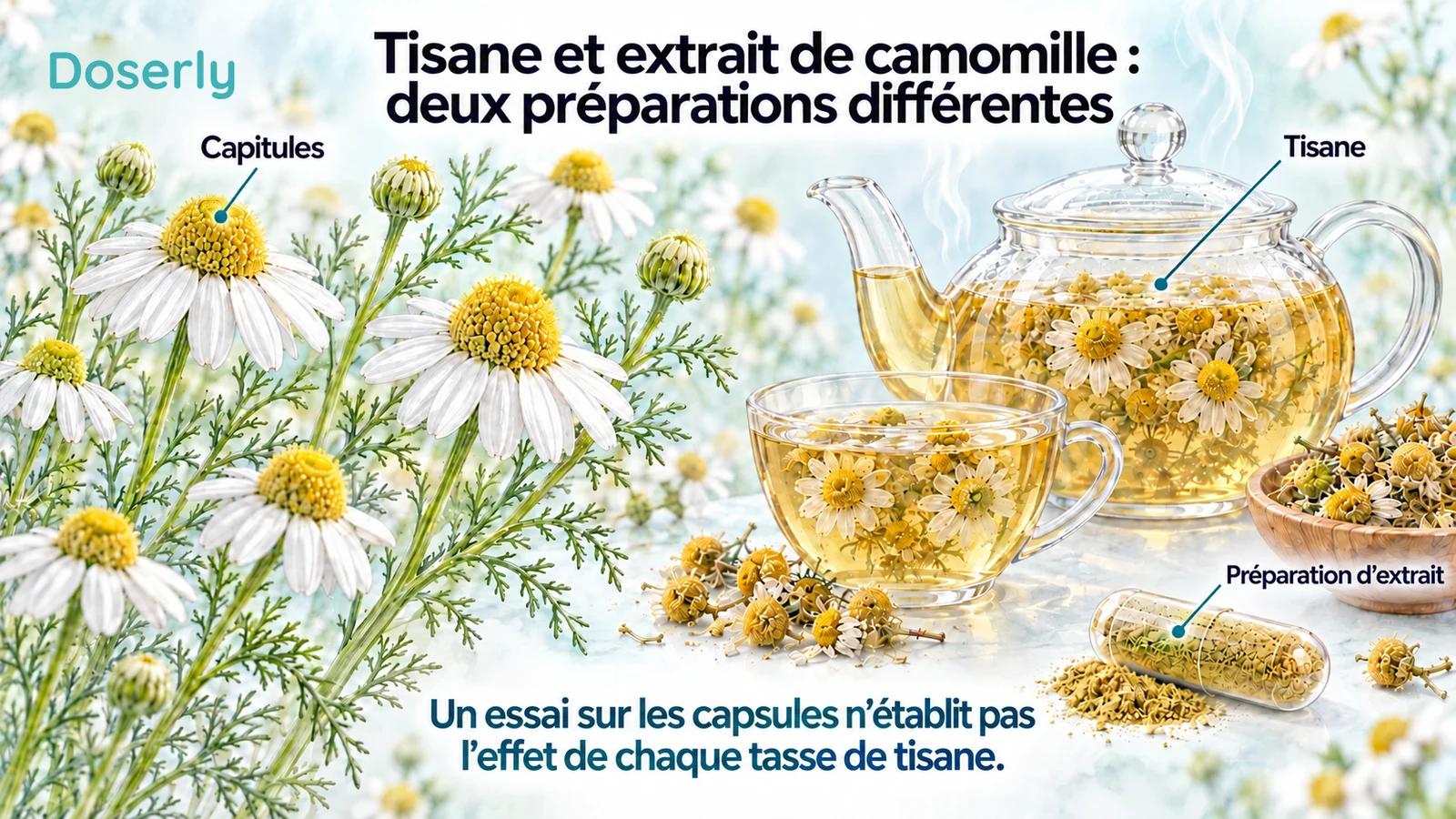 Des capitules de camomille allemande au feuillage fin et plumeux accompagnent une tisane et une capsule d’extrait.
