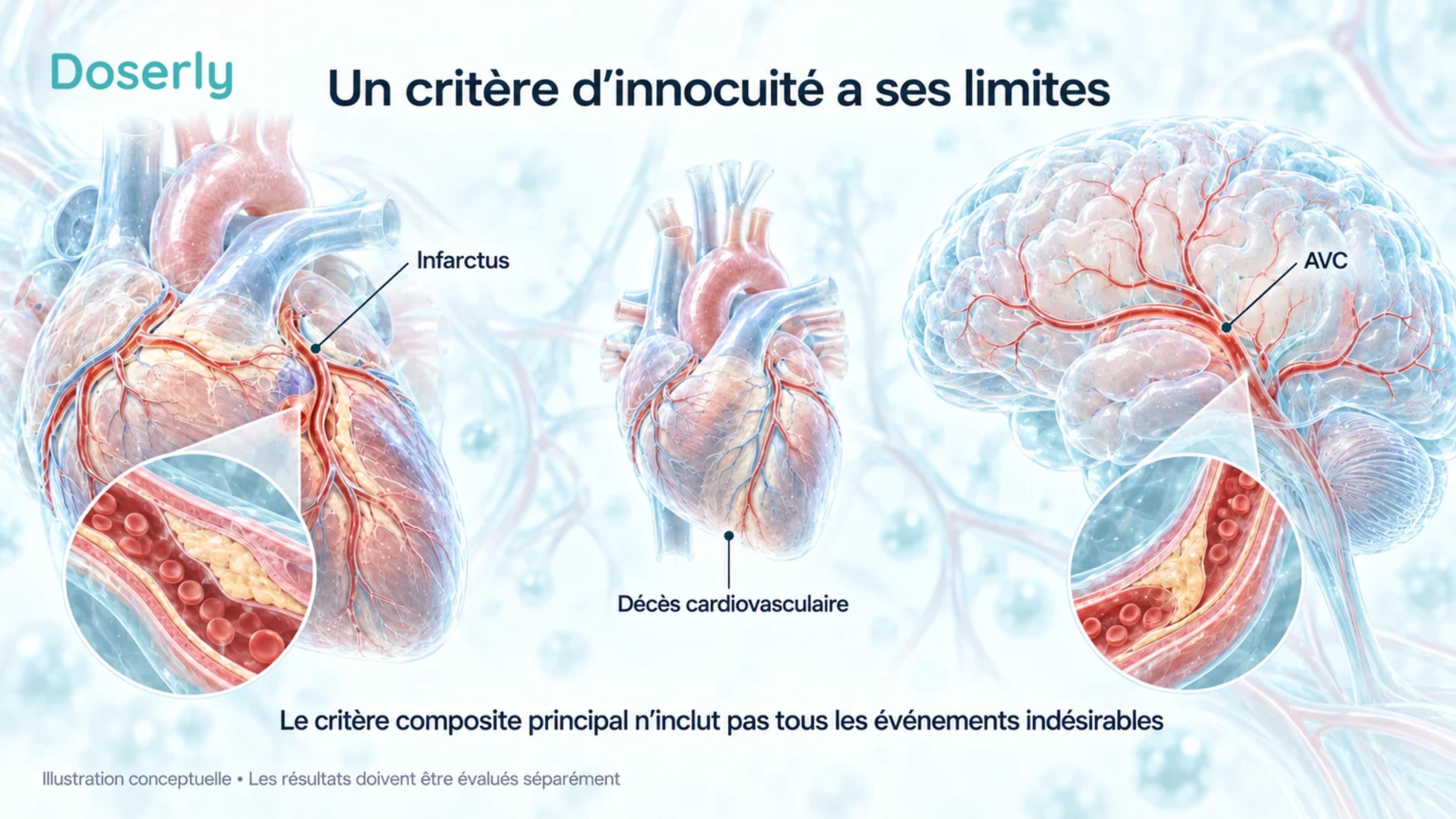 Des illustrations médicales du cœur et du cerveau présentent l’infarctus, l’AVC et le décès cardiovasculaire comme composantes d’un critère cardiovasculaire composite.