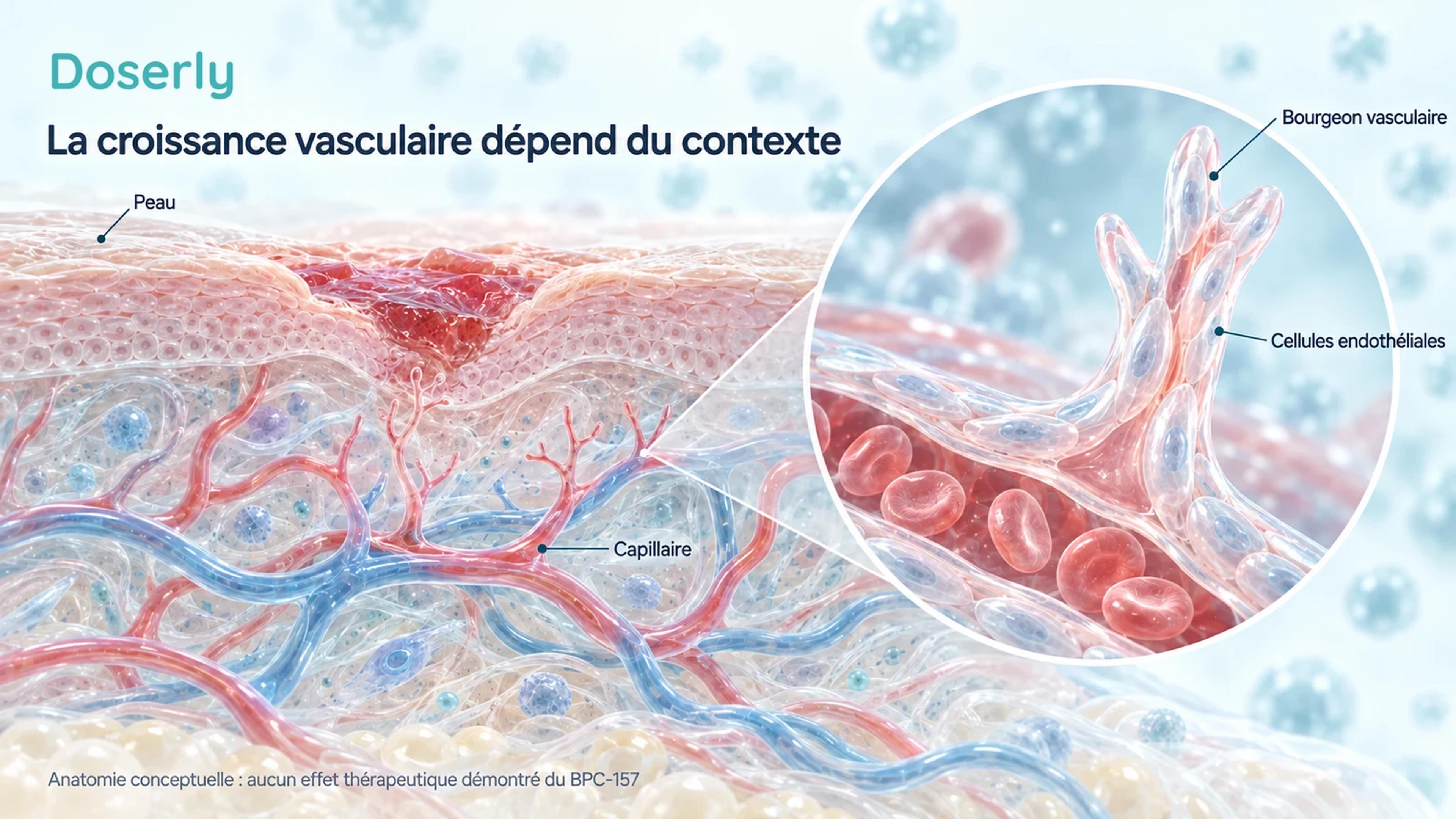Coupe détaillée de la peau montrant une petite plaie, les capillaires sous-jacents et un agrandissement d’un bourgeon formé par des cellules endothéliales.