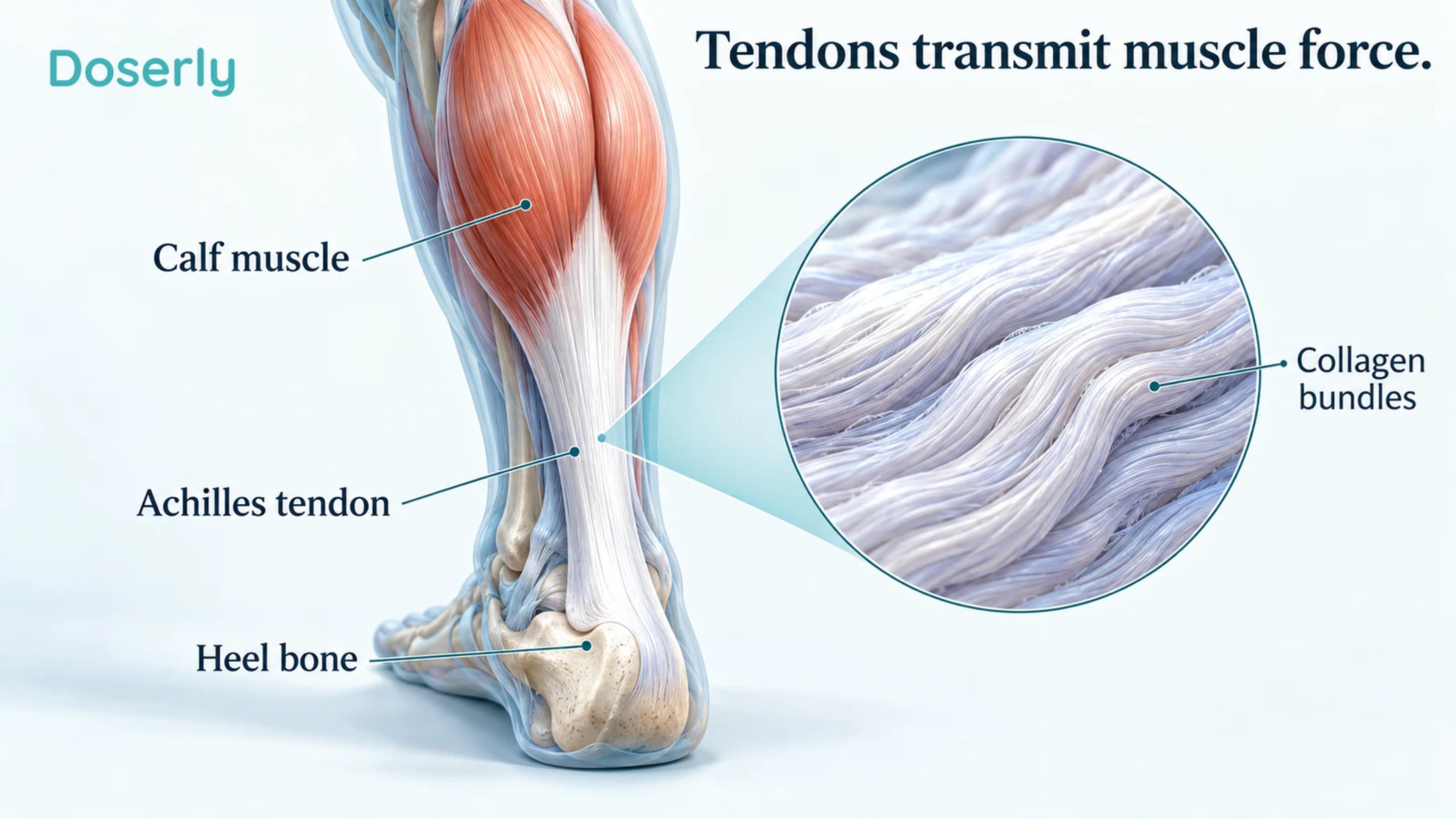 Conceptual lower-leg anatomy shows calf muscle connected to the heel through the Achilles tendon, with a collagen-fiber inset.