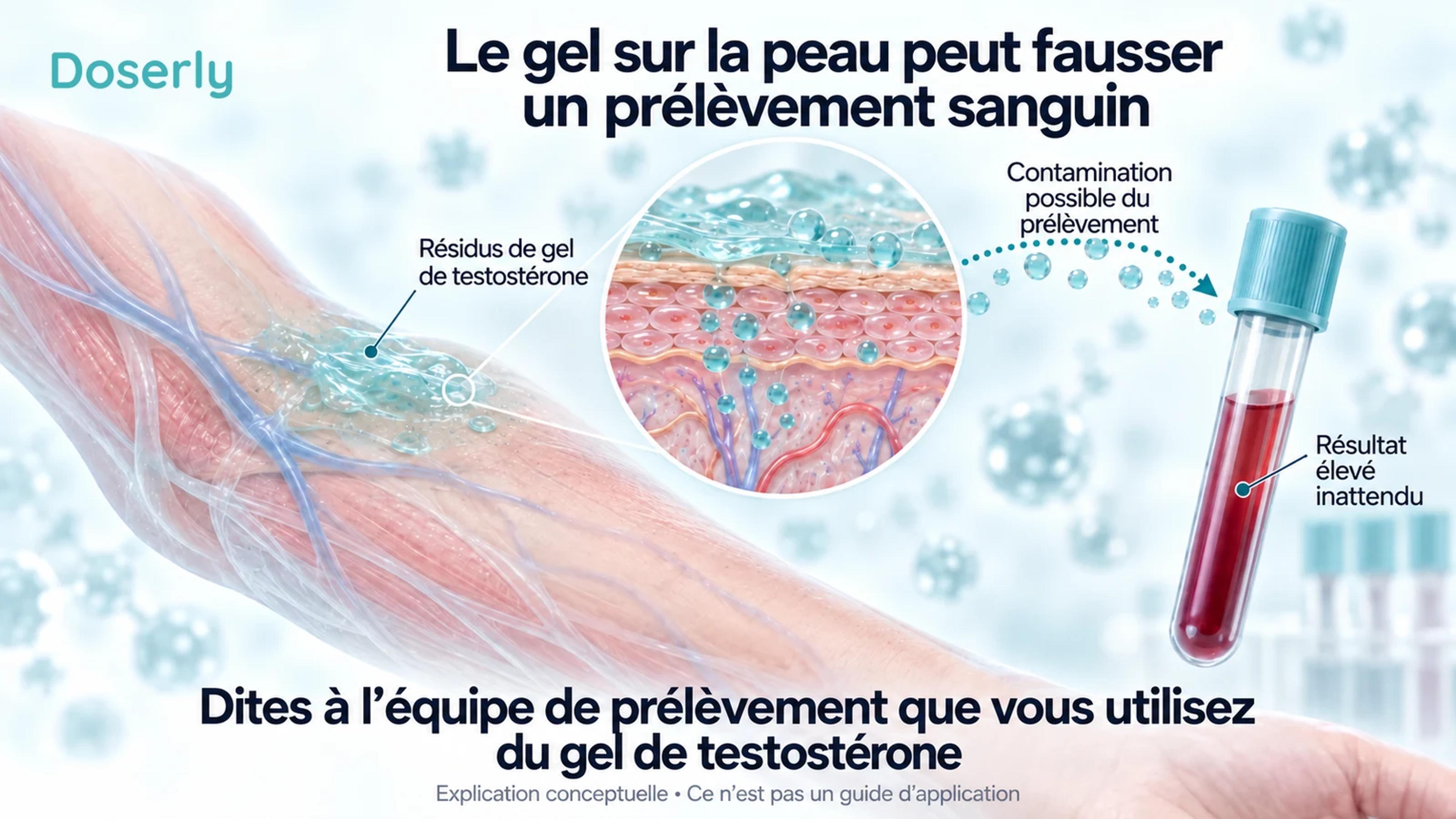 Des résidus de gel sur la peau près d’un site de prélèvement sanguin et un tube de prélèvement illustrent une contamination possible.