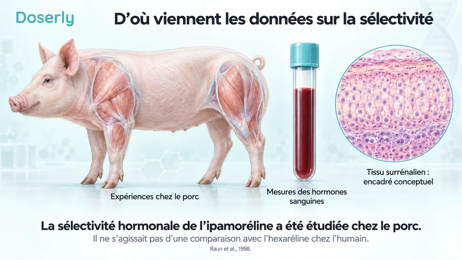 Porcs de recherche, échantillon sanguin et encadré conceptuel de tissu surrénalien expliquant l’origine des résultats sur la sélectivité de l’ipamoréline